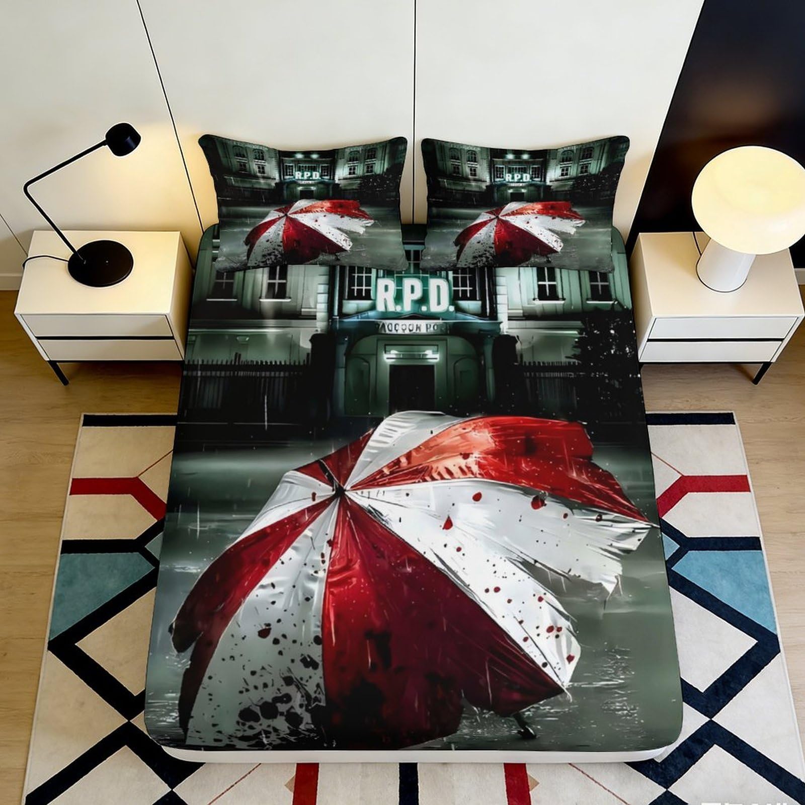 3D Printed Umbrella Night Scene Fitted Sheet Microfiber Deep Pocket Non-Slip Umbrella Theme Mattress Fitted Cover Bedding 140x200x25cm