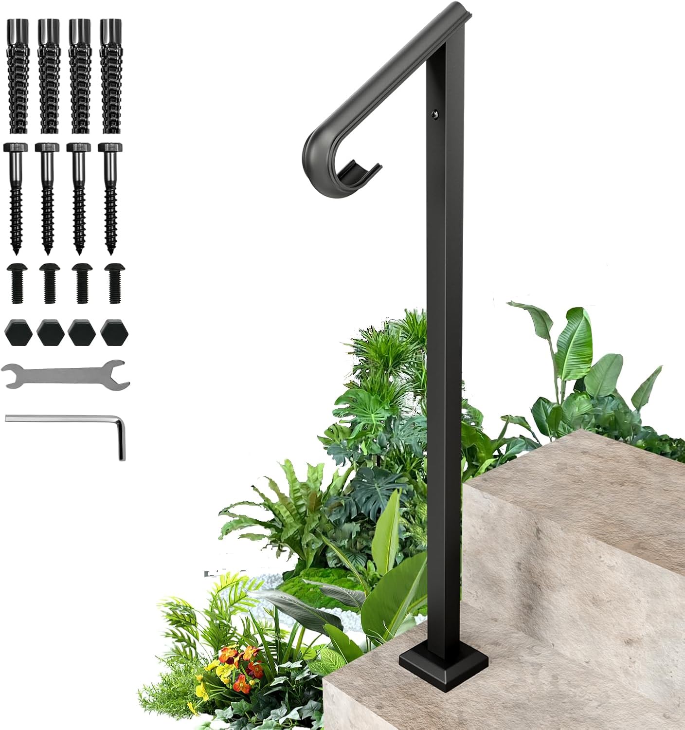 SPACEEUP Single Post Handrail Fit 1 or 2 Steps, Handrails Outdoor Steps, Stair Rail-Single Post Wrought Iron Handrail, Black Hand Rail for Concrete Steps or Wood Stairs 1 Step