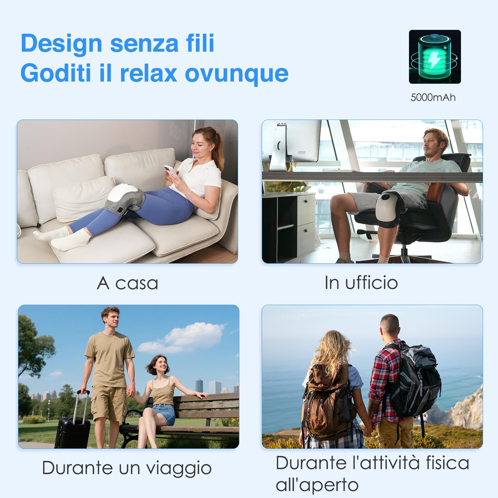Massaggiatore Ginocchio Terapia Calore e Vibrazione，3 Livelli Calore | Sollievo Rapido dal Dolore, Ginocchiera Elettrica Wireless, Compressione Aria e Batteria 5000mAh, 3 Modalità Massaggio