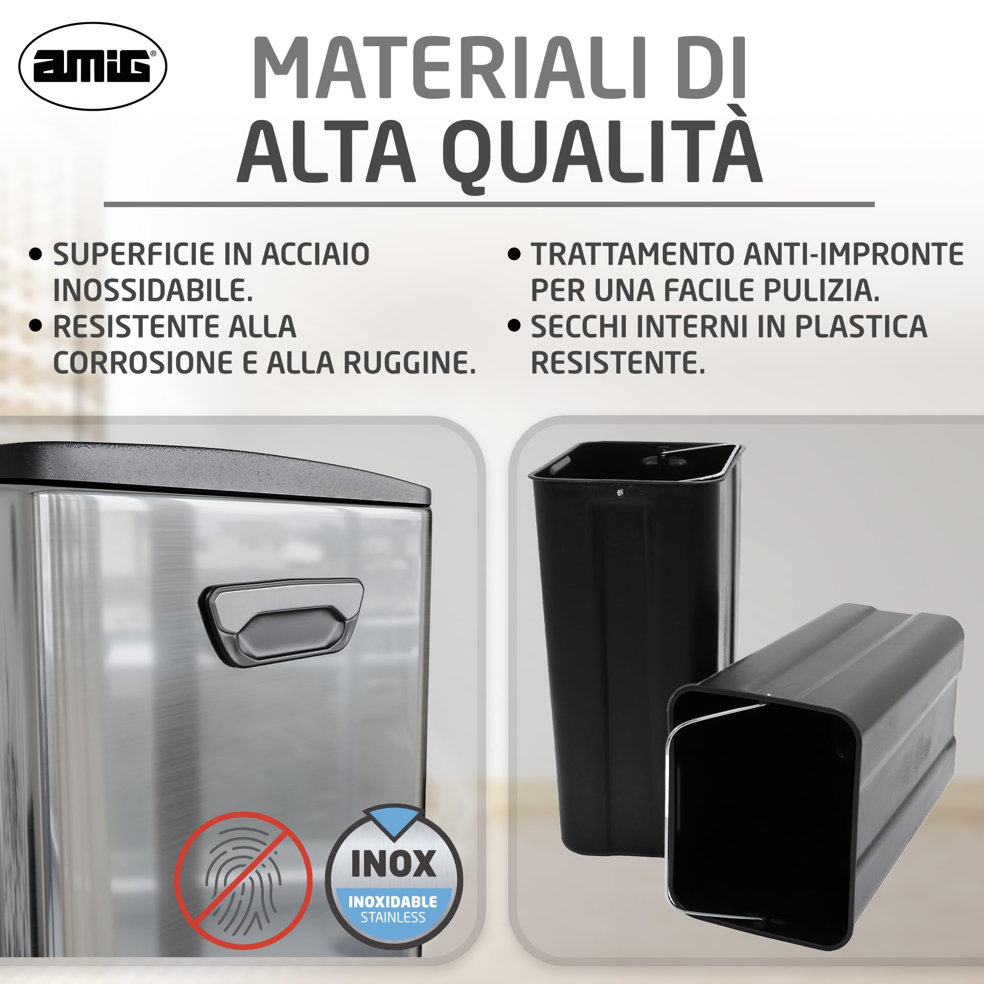 Amig - Pattumiera Doppia per Raccolta Differenziata con Pedali Mod. RECIK EVO 40 L - 2 Scomparti da 20 L ciascuno - Acciaio Inossidabile - 45 x 30 x 52 cm - Argento