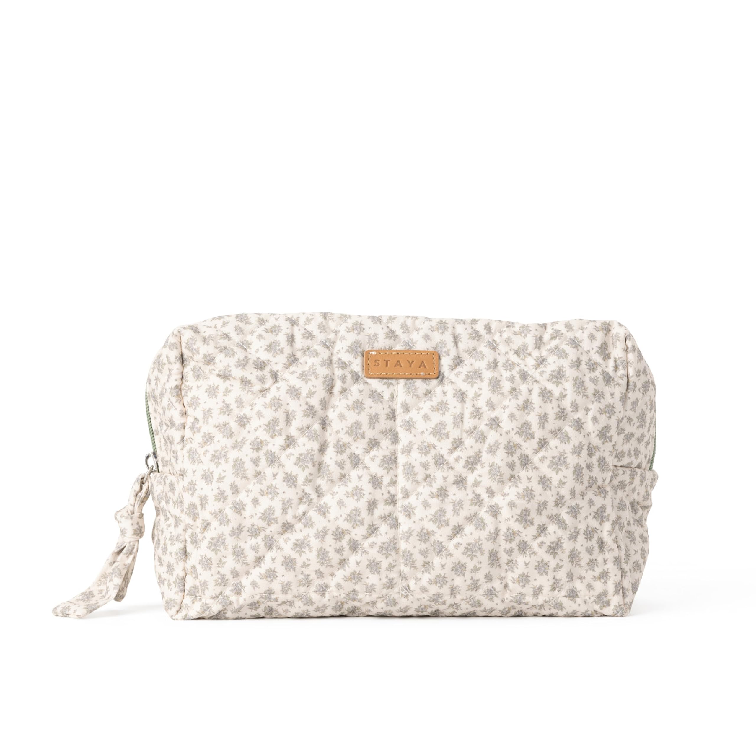 Staya Quilted Makeup Bag for Women – Cotton Travel Cosmetic & Toiletry Pouch, Small Aesthetic Organizer for Purse & Carry-On (Sweet Pea)