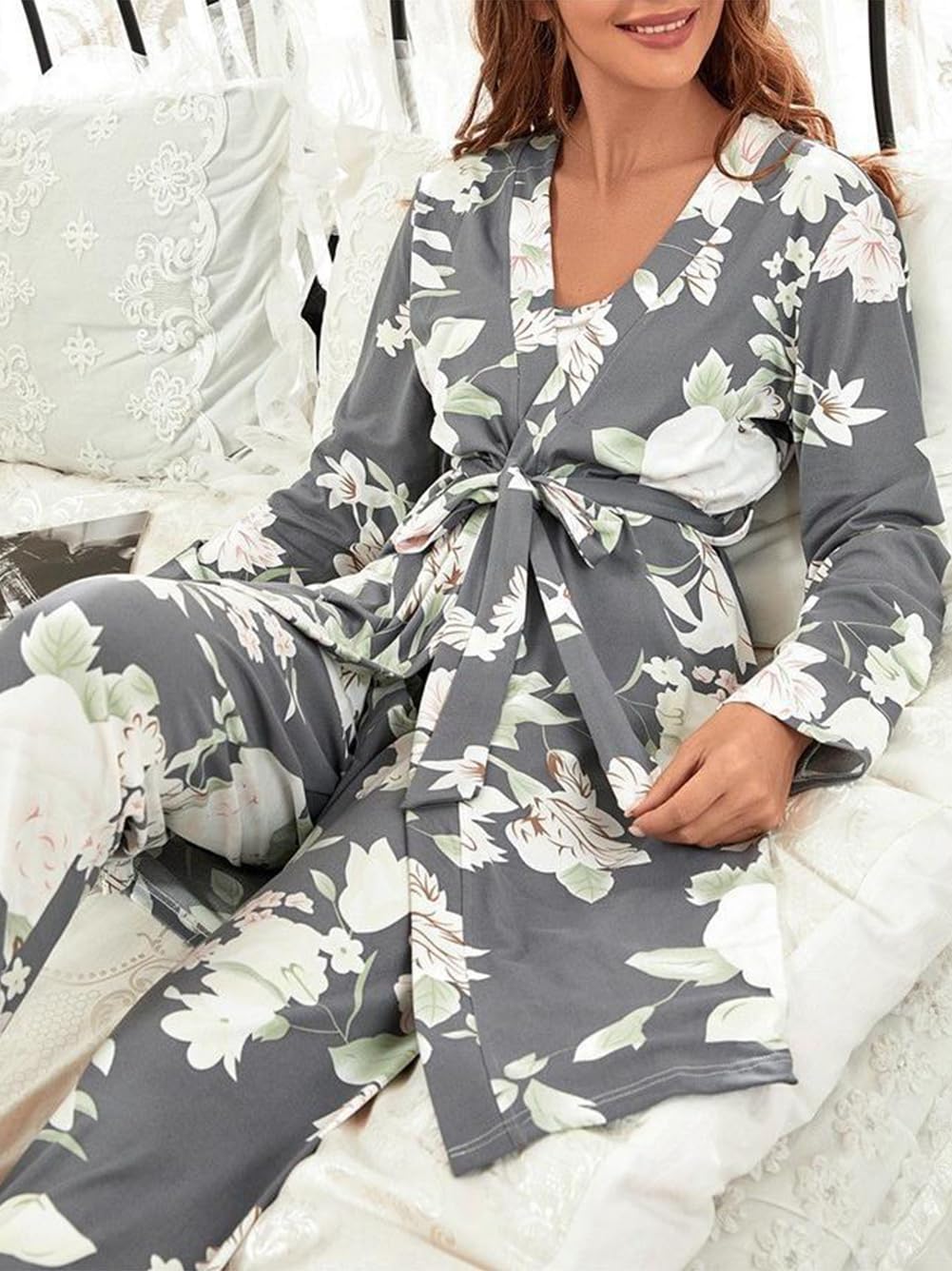 Ensemble de pyjama 3 pièces pour femme Imprimé floral Doux Vêtements d'intérieur Robe à manches longues Vêtement de détente Pantalon long Vêtements de nuit Vêtements de nuit