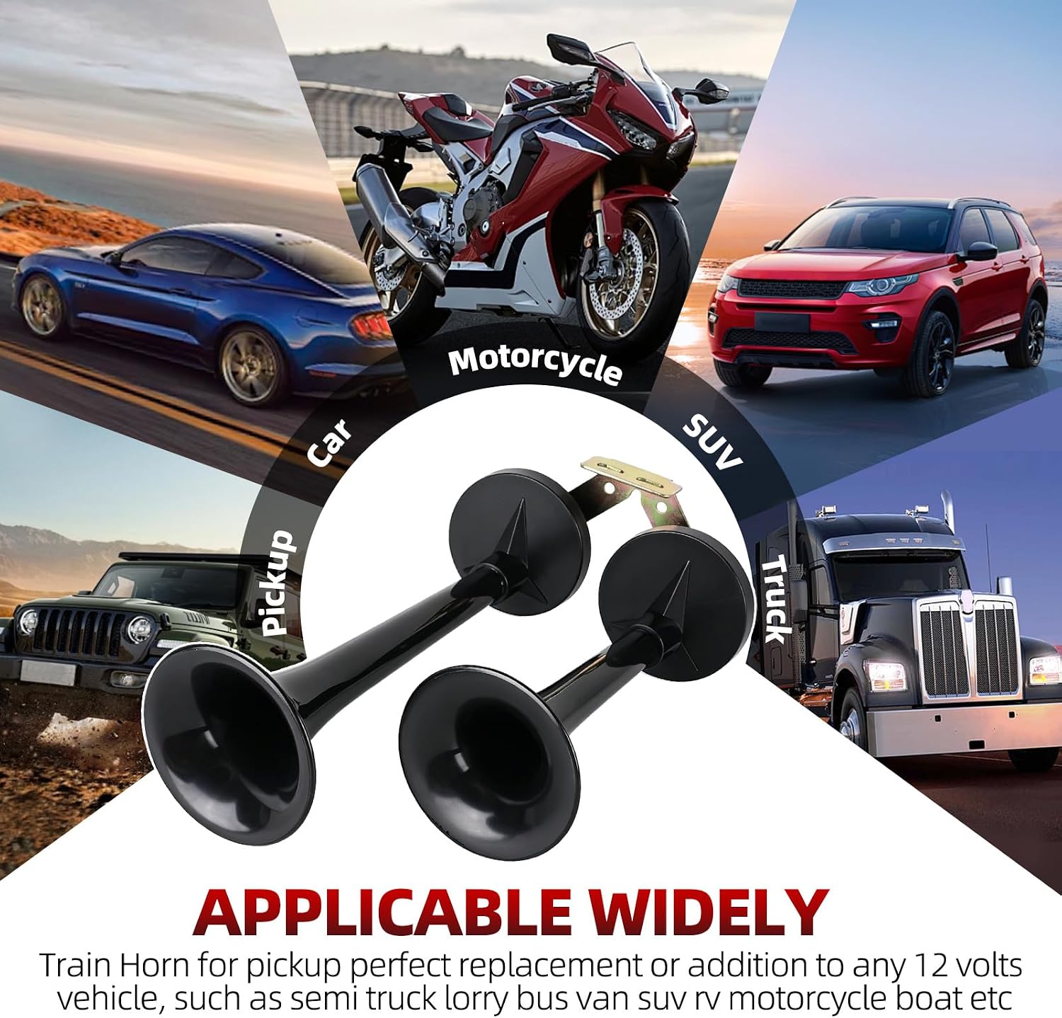 12V 150DB Super Loud Long Tube Electric Horn Kit, Universal Dual Trumpet Horn, Waterproof Heavy Duty Automotive Horn for Trucks, Cars, Motorcycles, SUVs,Boats, RVs and Off-Road Vehicles