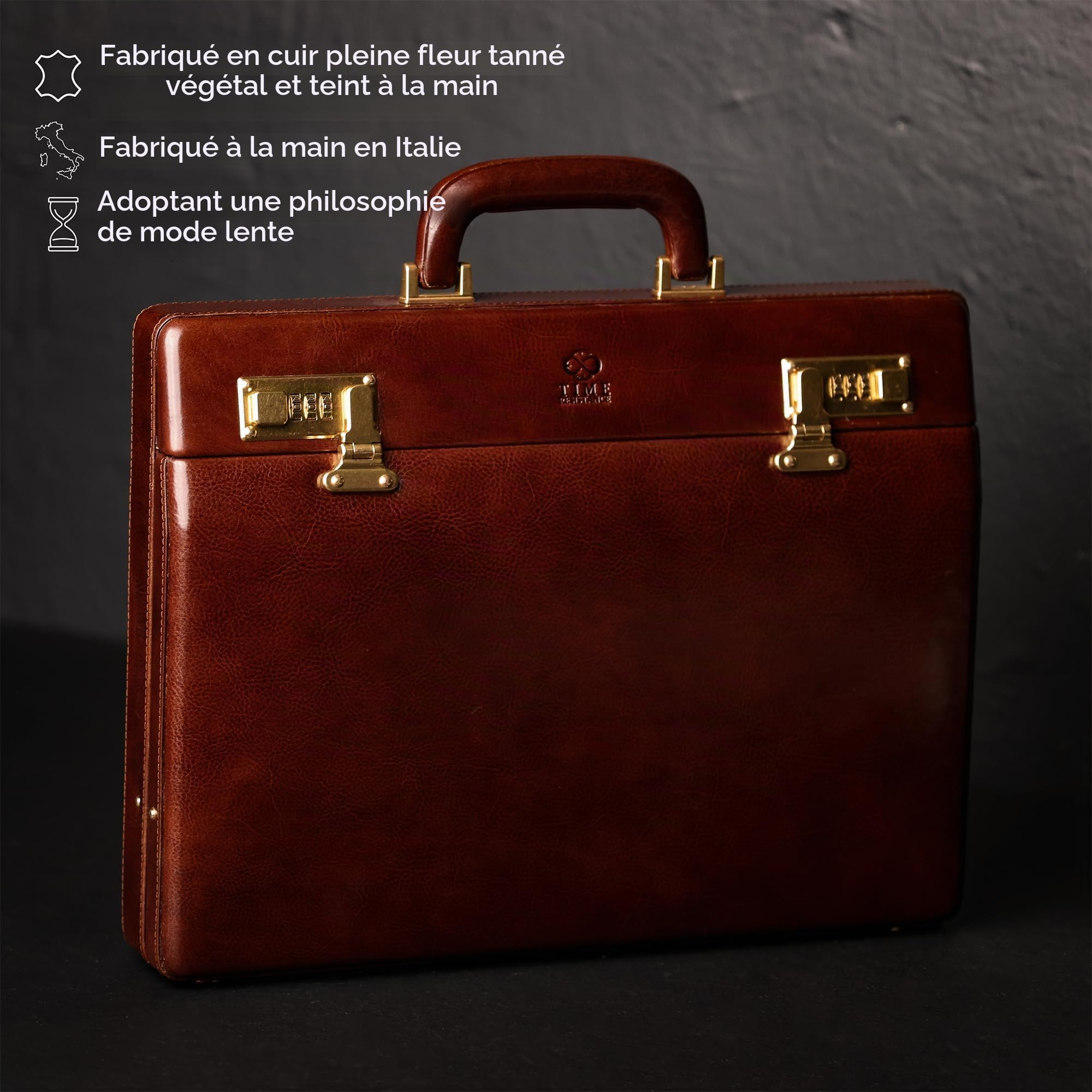 Time Resistance Mallette en Cuir Porte-Documents en Cuir Italien Pleine Fleur - Sac pour Ordinateur Portable Jusqu'à 15" - Étui Rigide avec Serrure