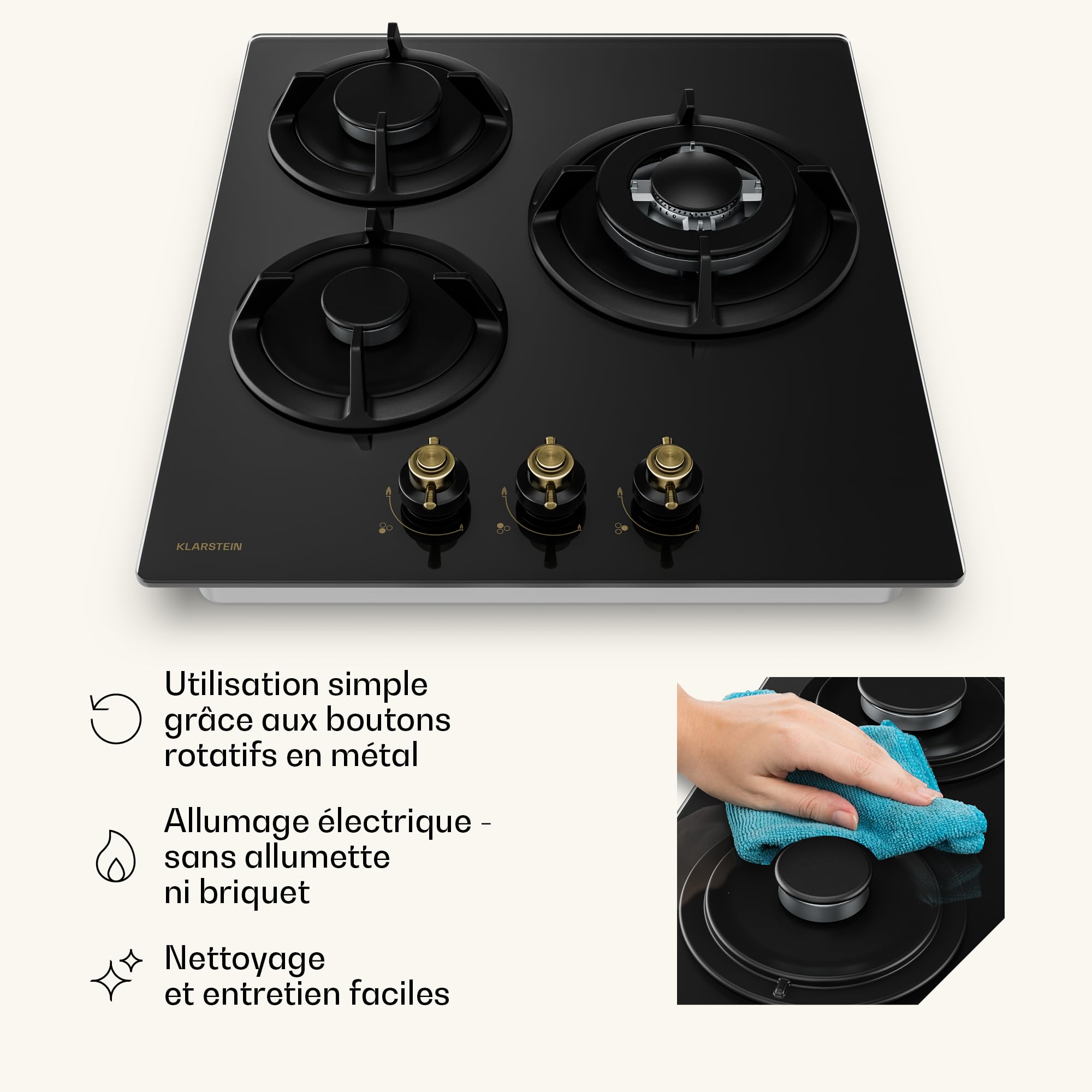 Klarstein Victoria Plaque De Cuisson Gaz 3 Feux, 6050W, 45cm, Verre, Allumage Électrique, Sécurité Flamme, Compatible GPL & Gaz Naturel, Style Rétro, Kit Inclus, Noir