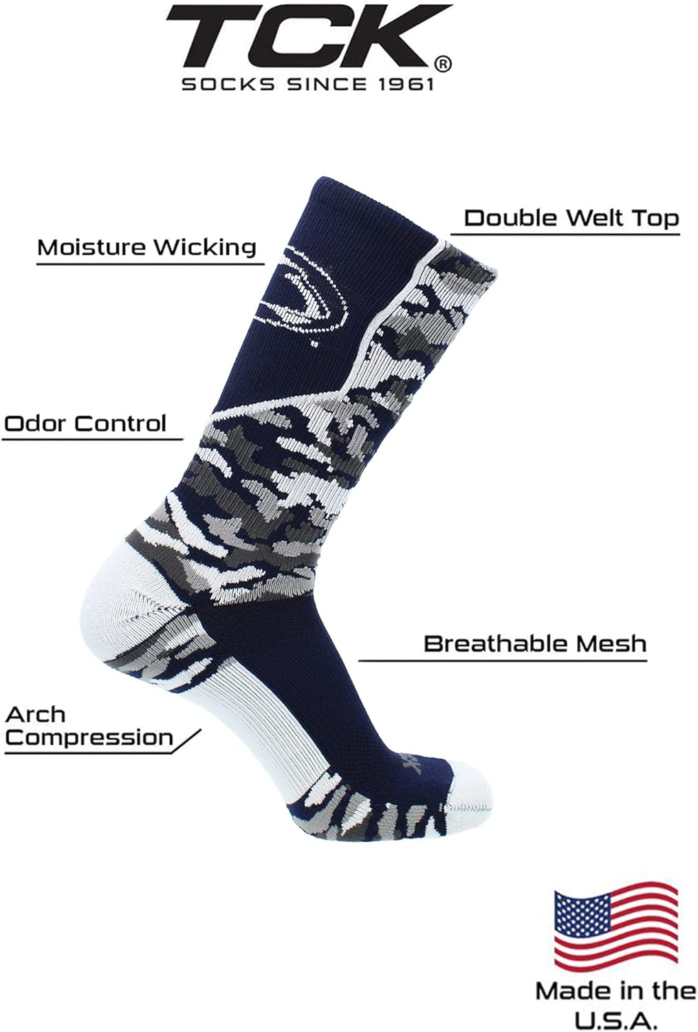 TCK NCAA Woodland Camo Crew Socks – Officially Licensed Collegiate Fan Gear – Durable Cushioned Moisture Wicking Socks - Image 3