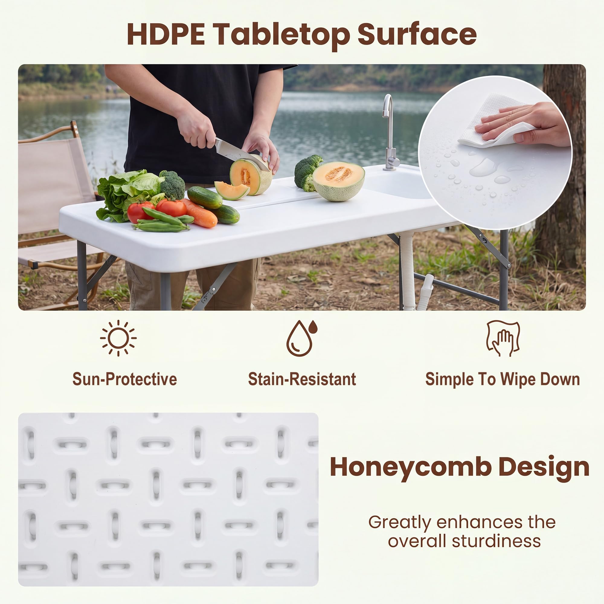HOMASIS Fischreinigungstisch klappbar, Campingtisch mit Spüle & Wasserhahn, Camping-Spültisch mit Messskala, bis 50 kg belastbar, Klapptisch für Angeln, Picknick & Grillen, 104 x 59 x 76 cm, Weiß