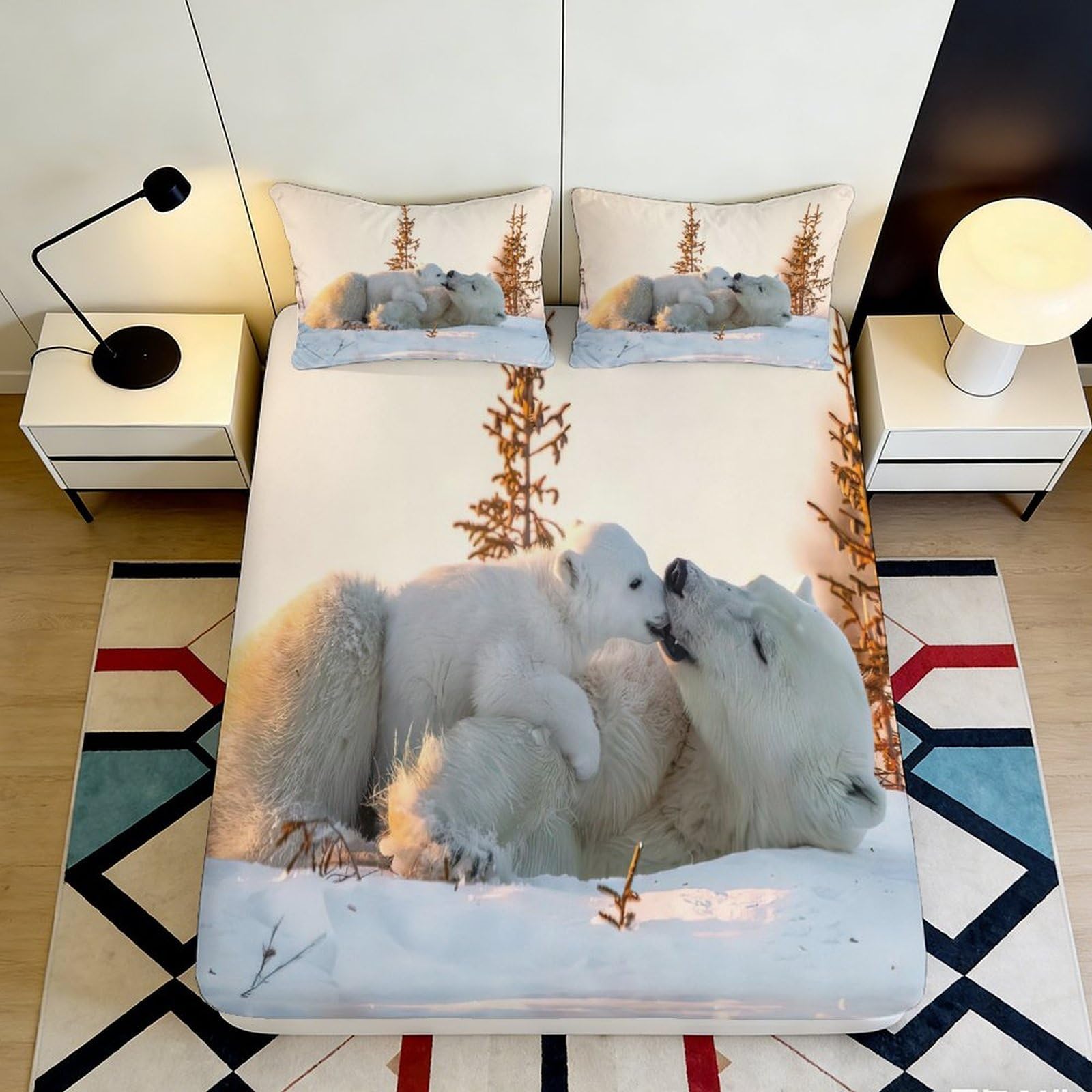 3D Printed Polar Bear Fitted Sheet Microfiber Elastic Hem Deep Pocket Bedroom Bedding Polar Bear Mattress Fitted Cover for Home 160x200x25cm