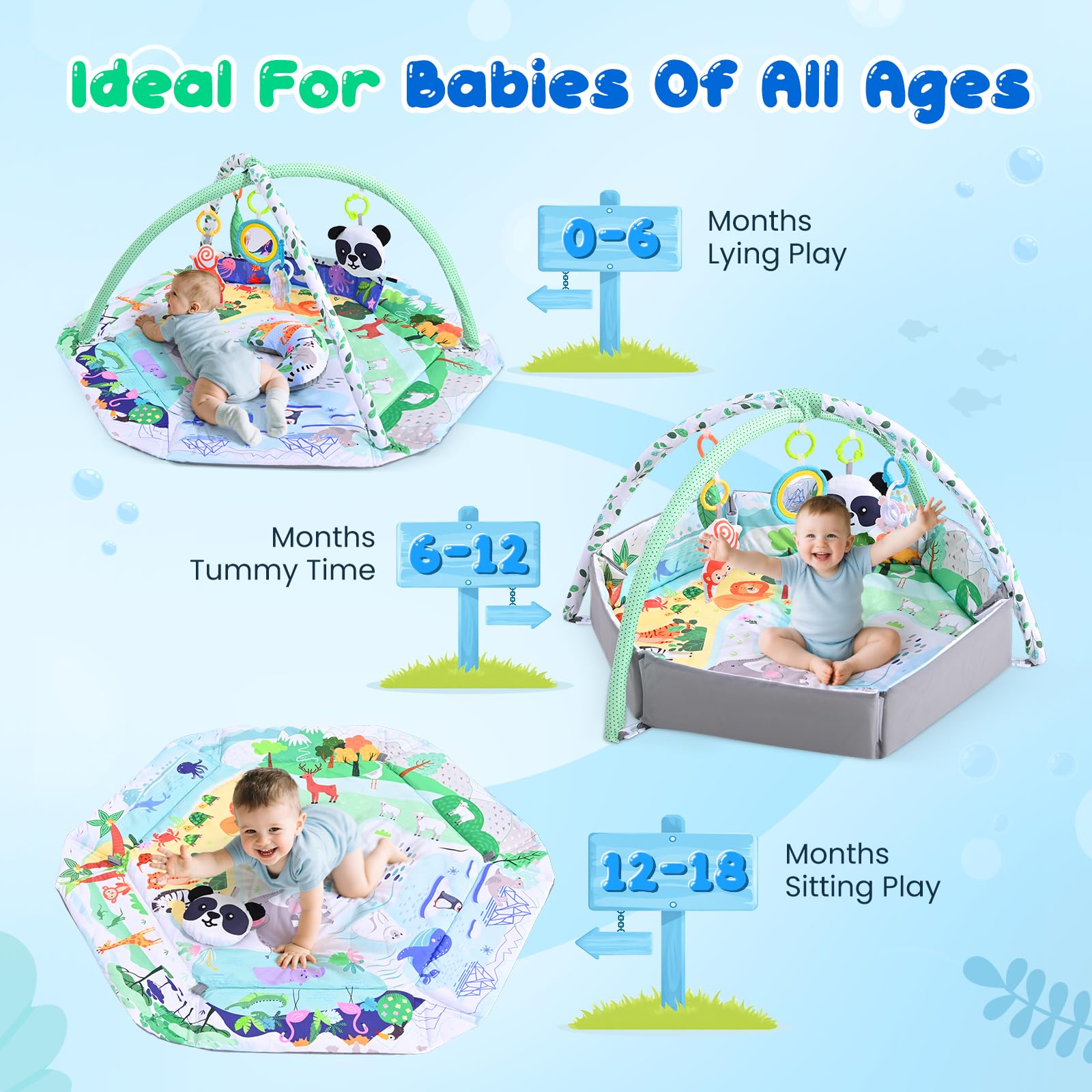 Arco de juego plegable para bebé con zonas de desarrollo, juguete sensorial interactivo de madera, manta para gatear para bebés para la motricidad y el desarrollo sensorial, esencial para 0 – 18 meses