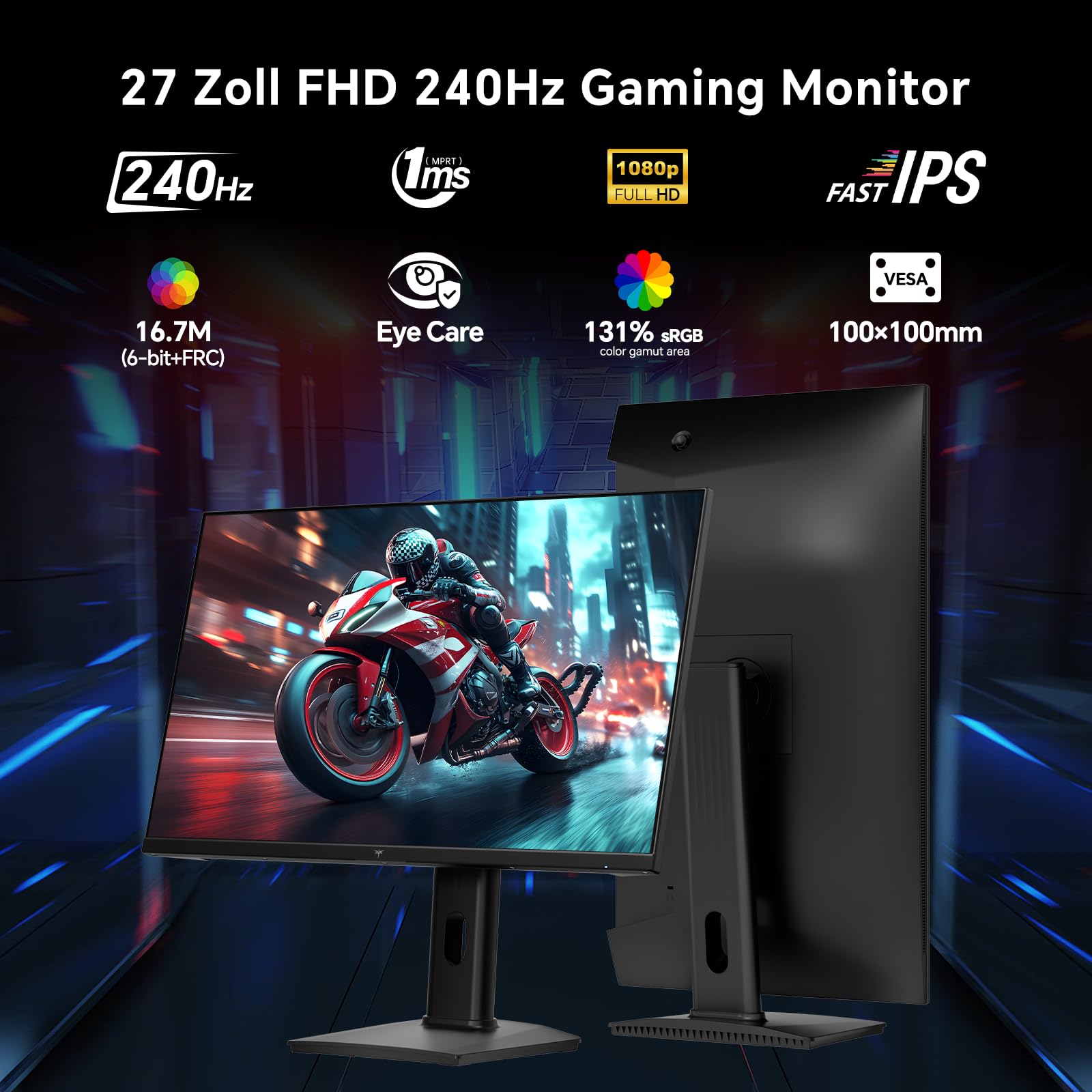 KTC 27 Zoll Gaming Monitor, FHD 1920×1080, 240Hz, Fast IPS, 1ms MPRT, Adaptive Sync, HDR10, 350 cd/m², 99% sRGB, 97% DCI-P3, ΔE<2, Höhenverstellbar, Pivot, VESA, H27F7
