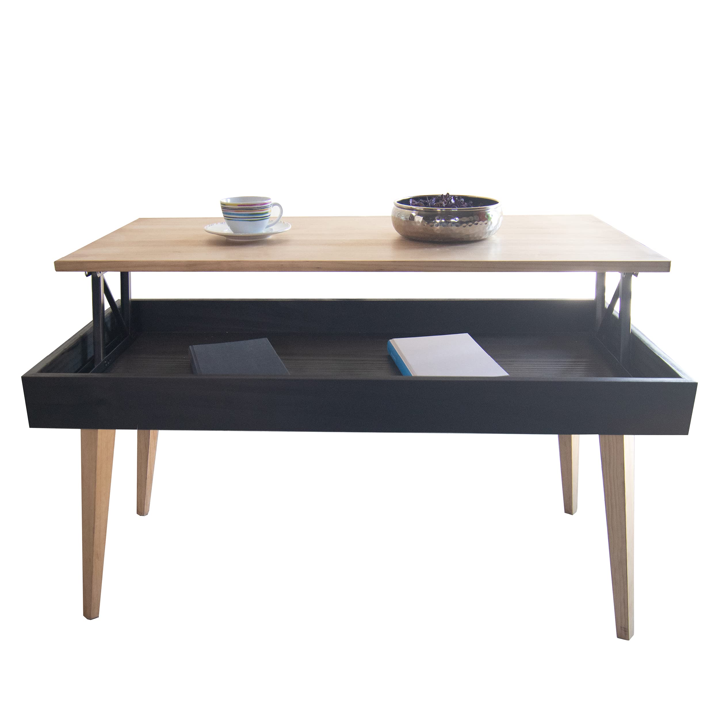 LoMasCasa - Mesa de Centro Elevable con Cajón Modelo Karol de Estilo Nórdico con Acabado Madera y Negro Fabricada en Madera Natural Maciza de Pino con Medidas: 100 x 50 x 47 cm