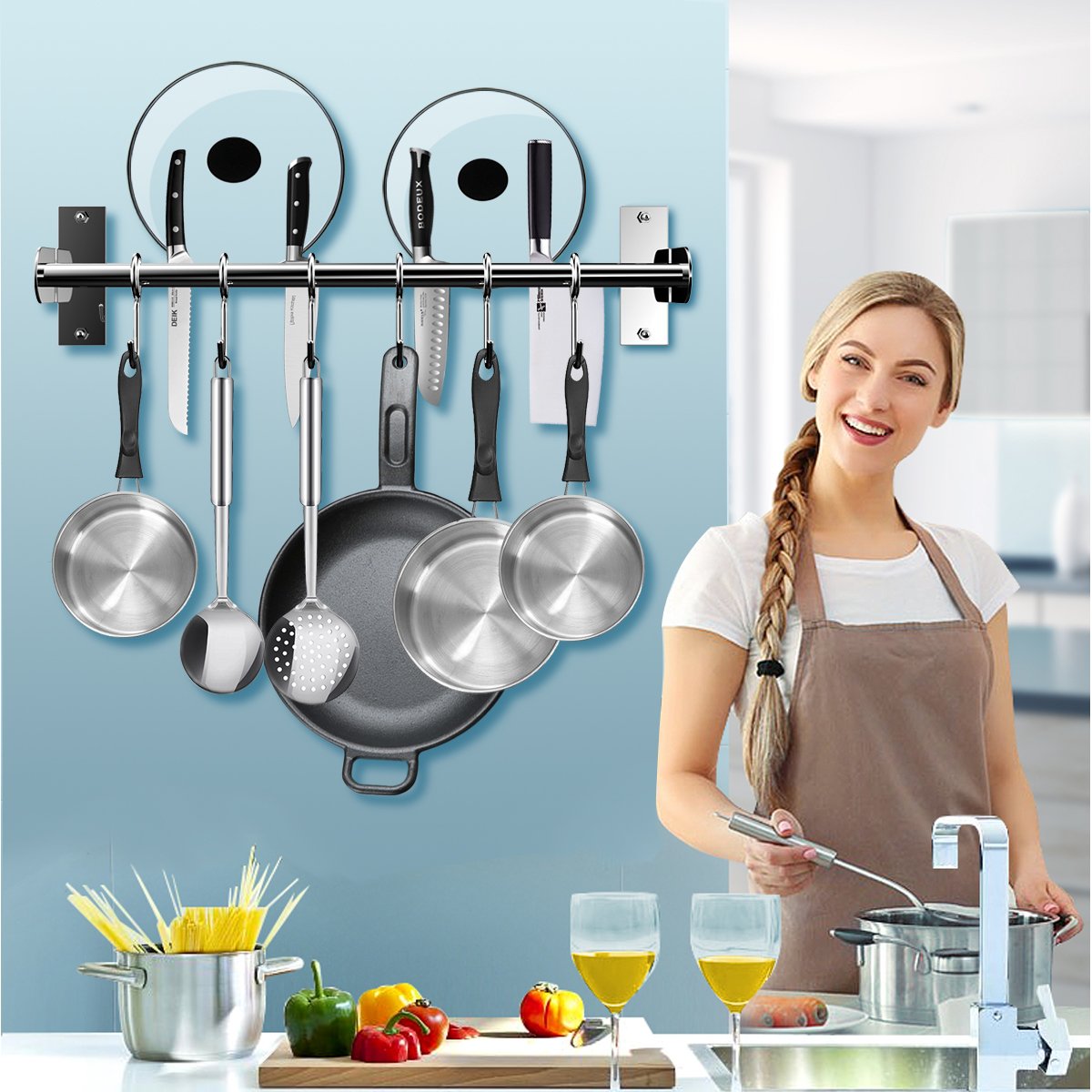 EINFAGOOD Barra Colgante De Cocina Sin Taladrar: Doble Tubo Acero Inoxidable 40-72 Cm Con 12 Ganchos Para Cuchillos Y Tapas