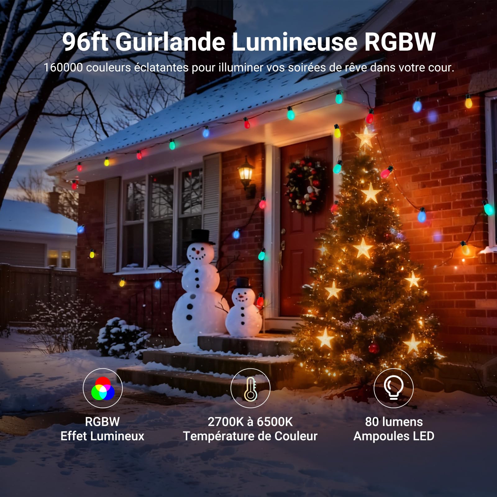 NEEWER NR01 Guirlande Extérieure 96ft,Smart AI RGBW avec App | Intensité Variable,IP65 Étanche,30 Ampoules LED,50+ Ambiances,2700K-6500K,Compatible avec Alexa Google