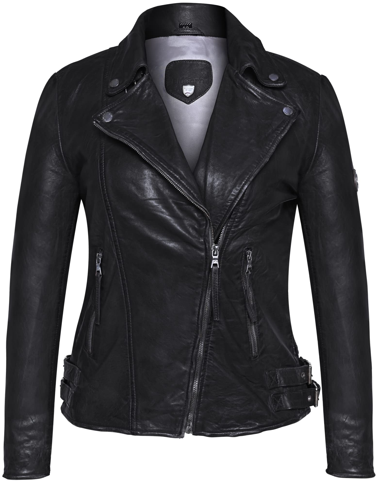 Alva Lederjacke Damen - Bikerjacke - Damen Lederjacke – Übergangsjacke - Schwarz Braun Echtleder Tailliert mit Reverskragen
