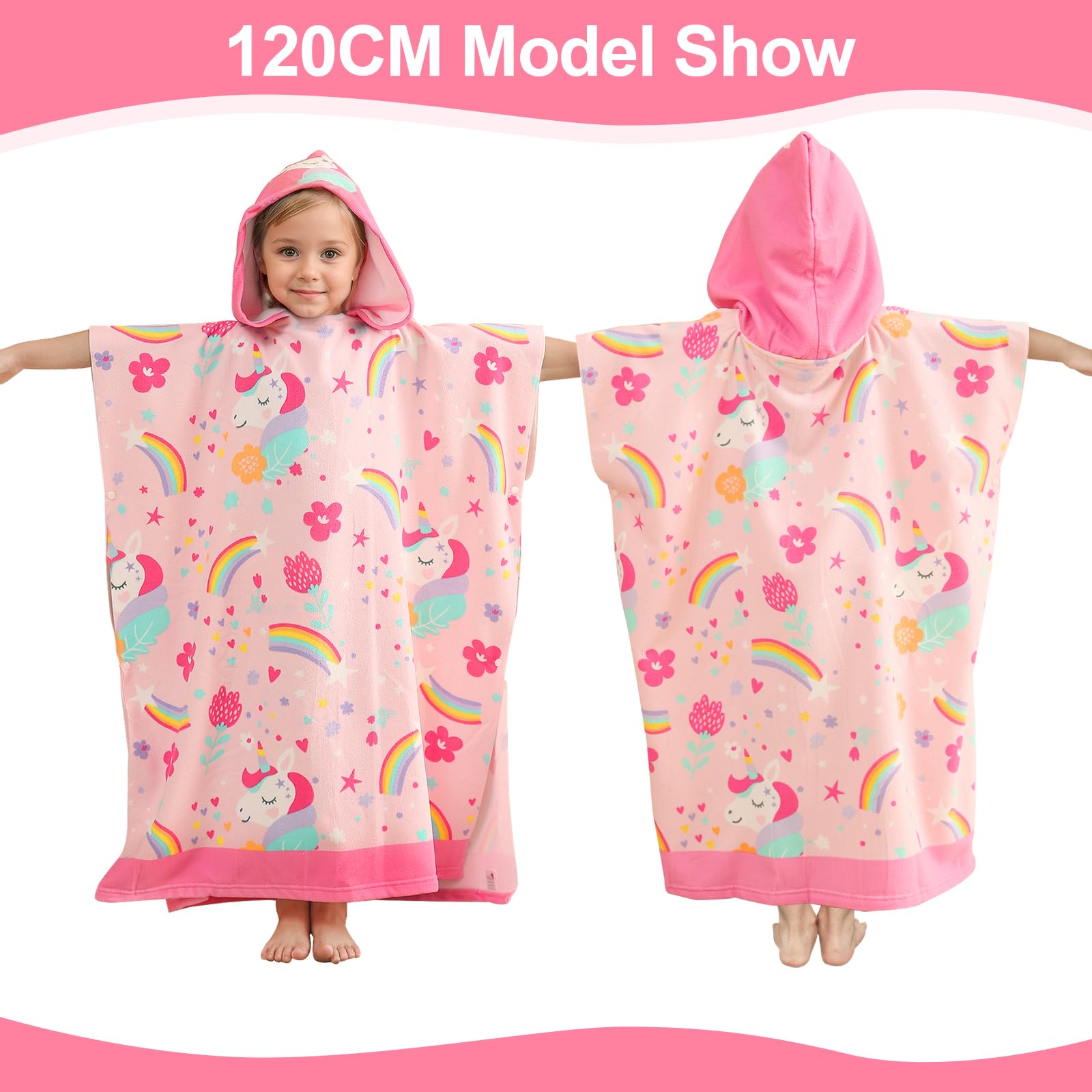 Asciugamano Poncho da Bambino, Poncho da Bagno Telo da Spiaggia per Bambini Extra Large Teli Mare in Microfibra Accappatoio con Cappuccio per Bambine e Bambini, Altezza 120-170 cm (Unicorno)