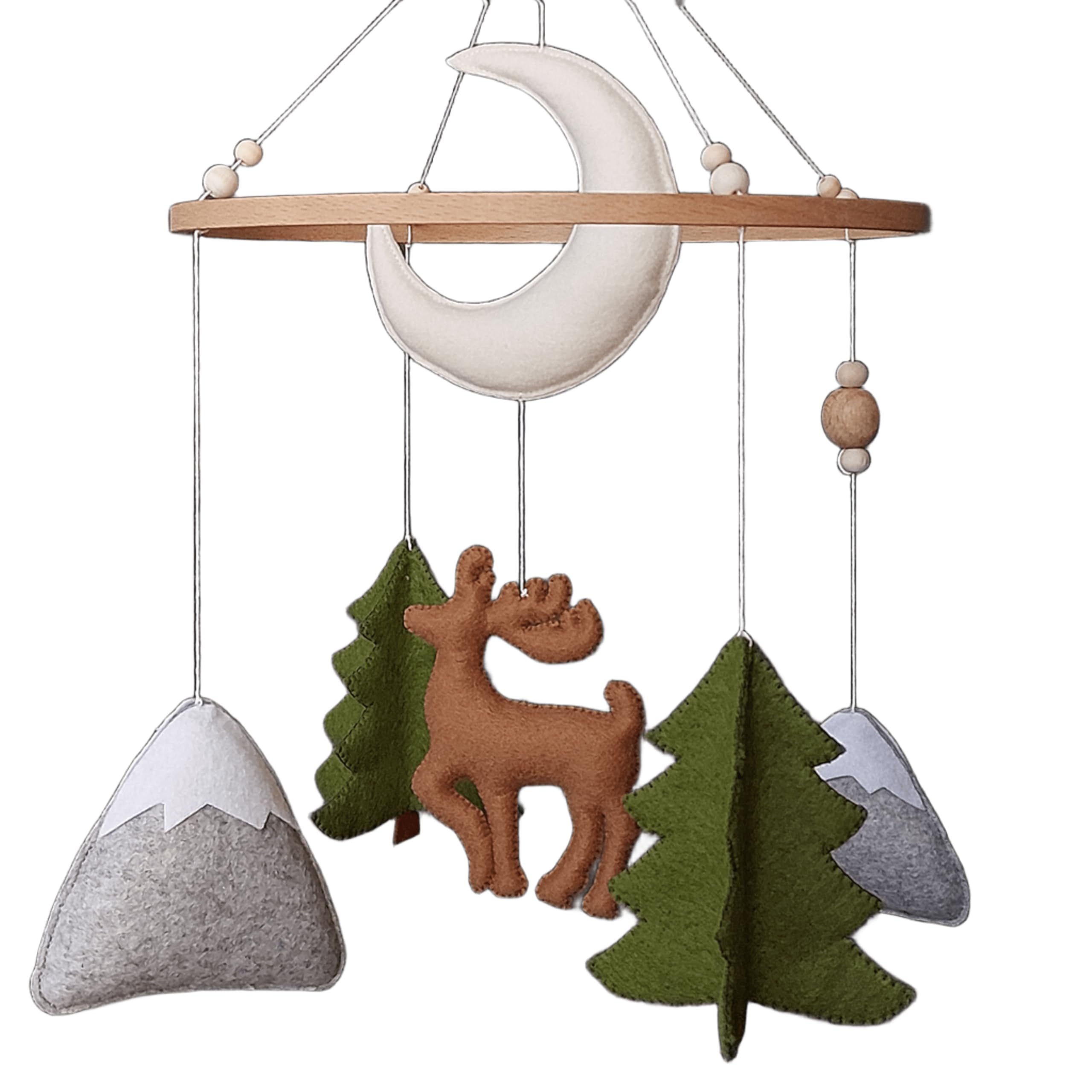 Baby Mobile geschlechtsneutral - Waldtiere mit Hirsch, Tannen und Bergen - Handgemachtes Kinderbett Mobile im Waldstil - Deko für Babyzimmer Jungen & Mädchen