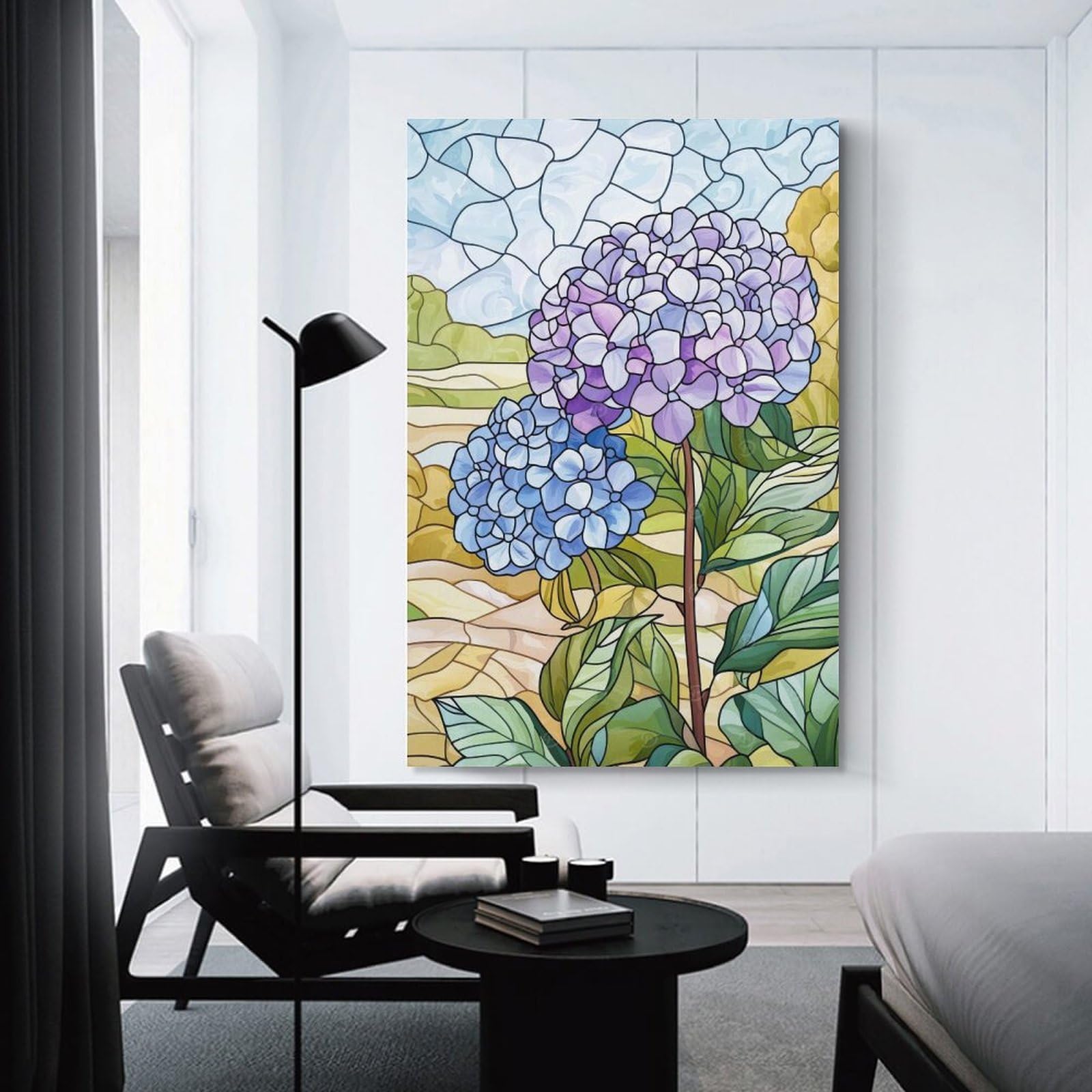 Junmoney Stained Glass Hydrangeas Hanging Wall Art, 12x18inch(30x45cm), for Living Room, Bedroom, Office Or Hallway, Decorative Artwork with Broad Appeal