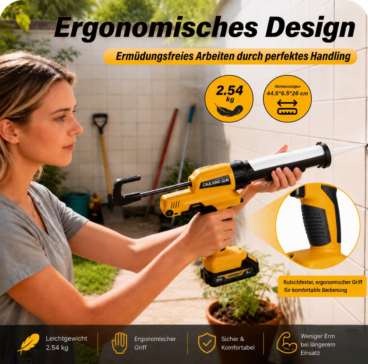 Akku Silikonpistole 6500N mit 6 Geschwindigkeiten für 300ml Kartuschen | 2×2.0Ah Akkus inklusive, kompatibel mit Makita 18V Akkus, ideal für Silikon, Kleber und Dichtstoffe