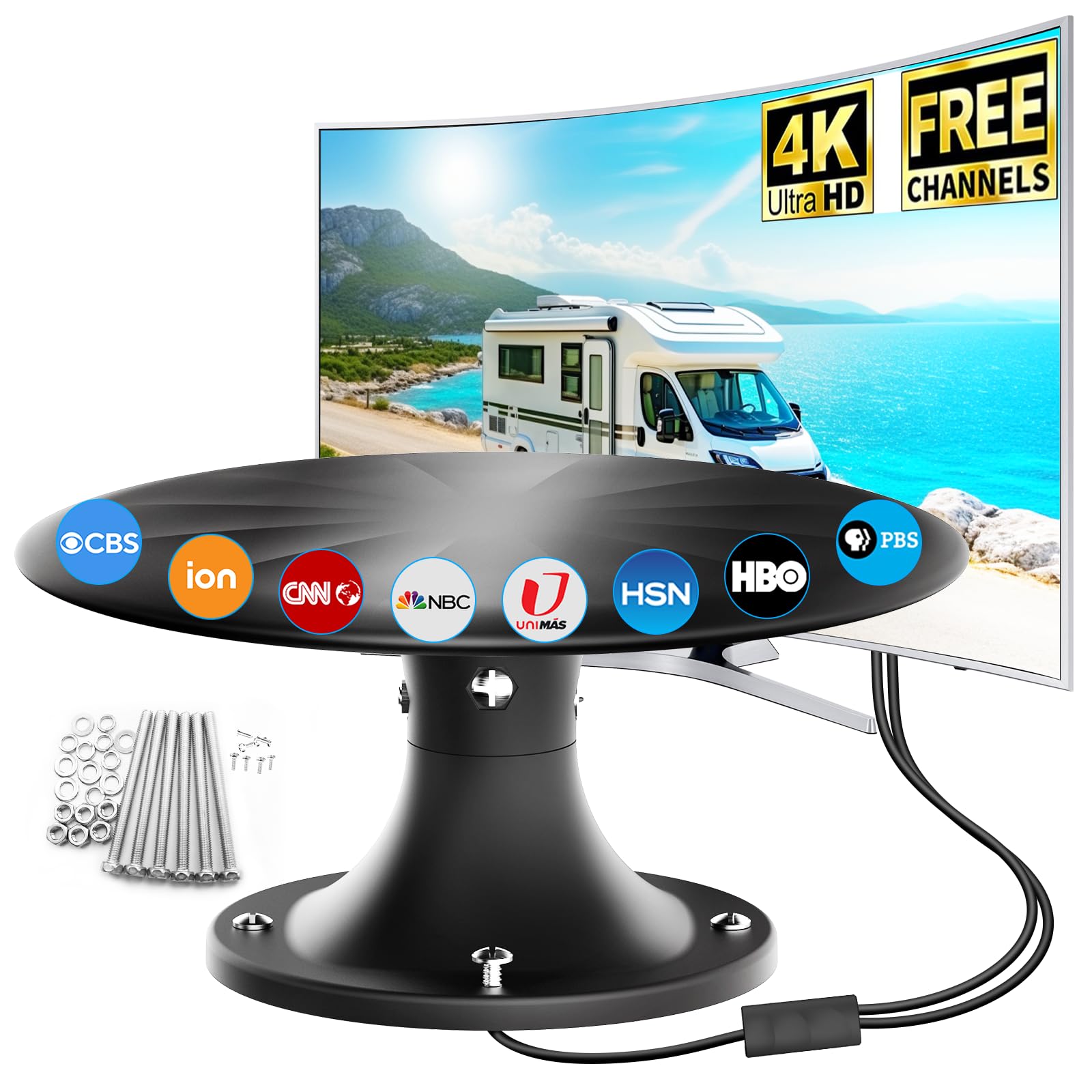 Antena de TV RV montada en el techo con amplificador de señal integrado, antena HDTV omnidireccional para cámper, autocaravana y remolque de viaje, recepción UHF VHF, listo para 4K 1080P, cable
