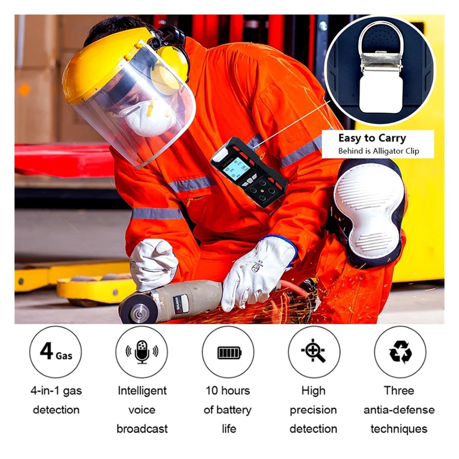 Tragbarer Gasdetektor for brennbare Gase CO, H2S, O2, CH4, EX, 4, Gasmonitor, Messgerät, Tester, Analysator, wiederaufladbarer LCD-Bildschirm, Ton, Licht, Schock