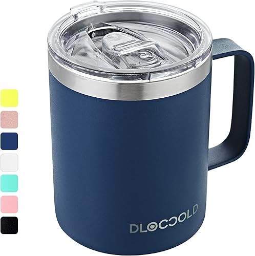 DLOCCOLD Taza de café aislada con asa, taza de café de viaje de acero inoxidable de 12 onzas con tapa, a prueba de derrames, reutilizable, termo