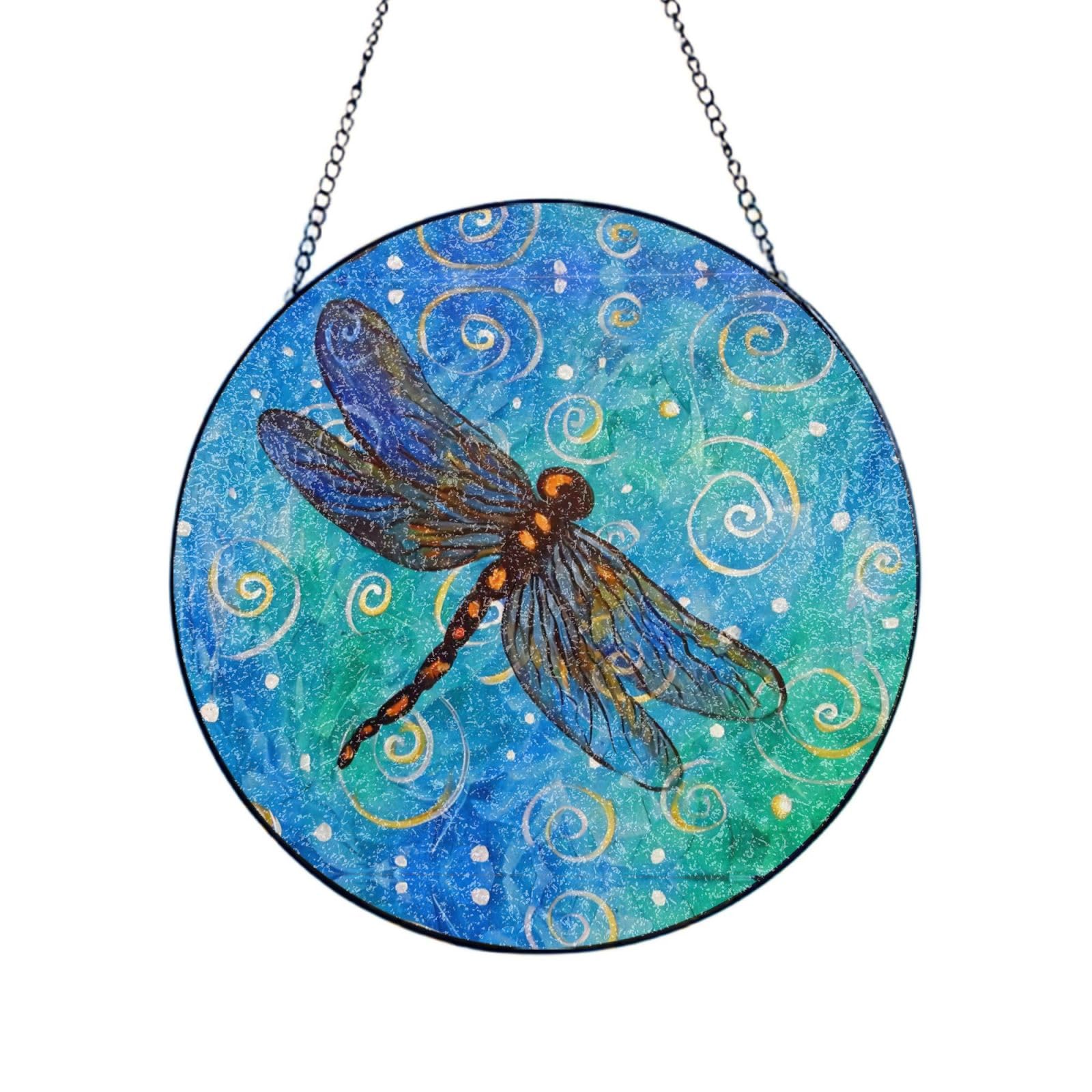 Phayah Blue Dragonfly Print Glass Window Hanging Sun Catchers Suncatcher Decor For Birthday For Home Garden Porch 12in（30cm）