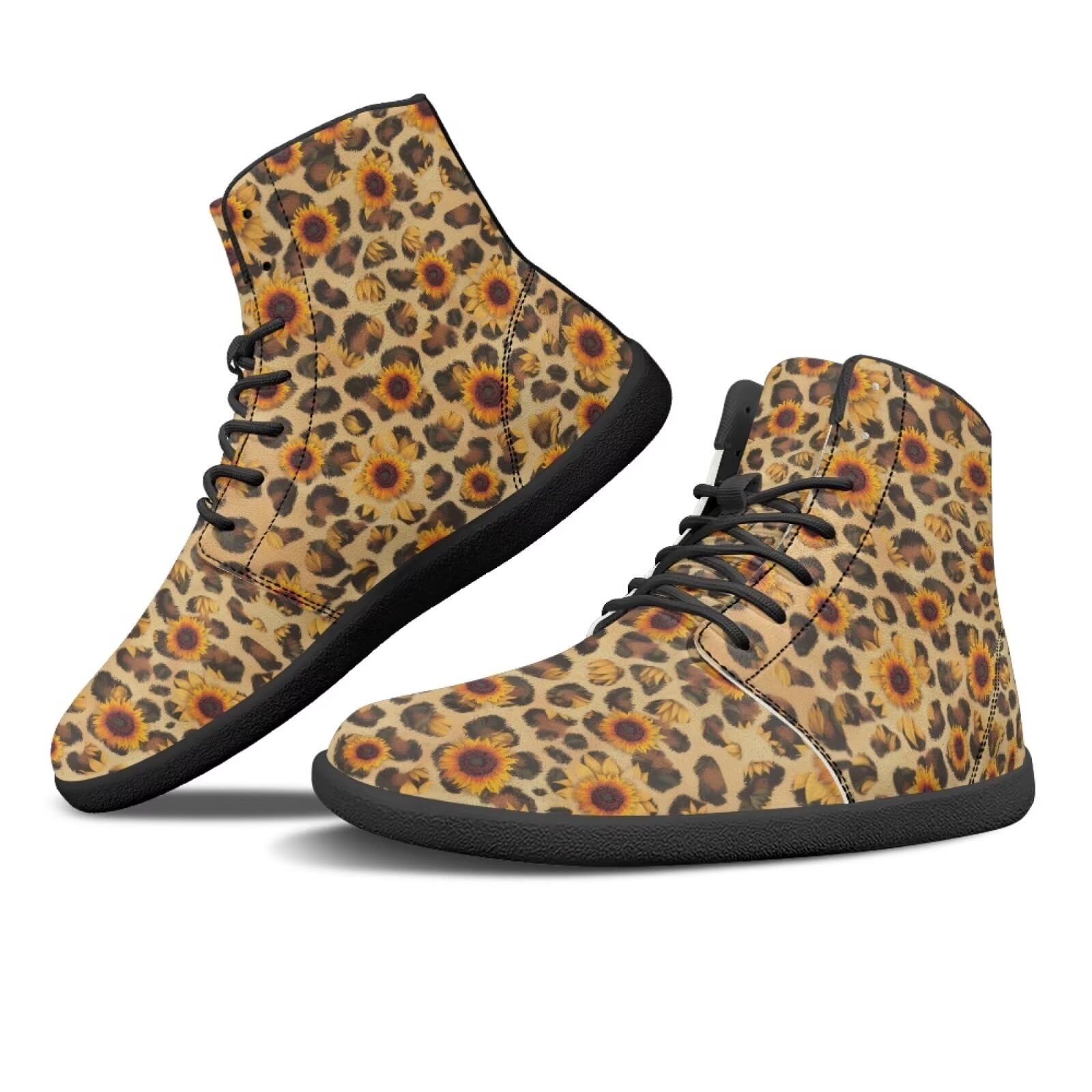 JoyLamoria Mens Barefoot Shoes High Top Sneakers Teens Stylish Trail Running Sneakers Minimalist Wedge Platform,Sunflower Brown Leopard Print