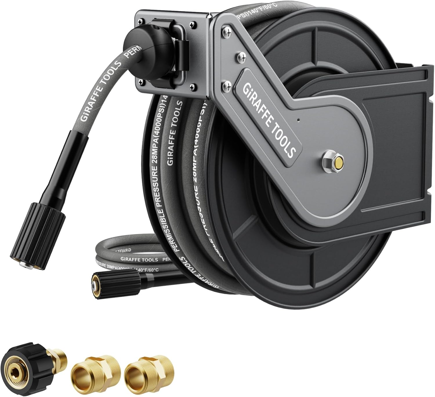 Giraffe Tools 60ft Pressure Washer Hose Reel, 4000 PSI Retractable Power Washer Hose Reel, Heavy Duty Hose Reel, Auto Rewind, Wall Mounted