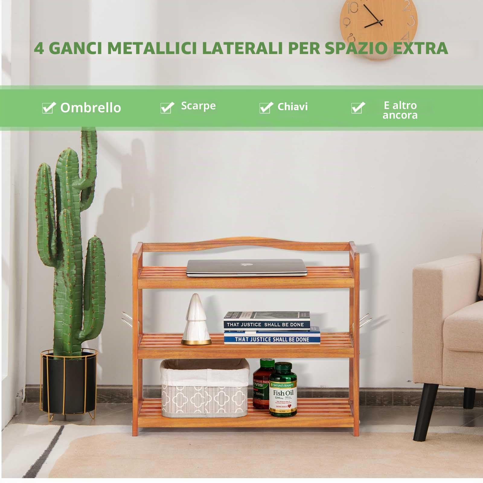 HOMASIS Scaffale Portascarpe in Legno, Scarpiera Salvaspazio con Ganci Metallici Laterali, Organizzatore di Scarpe per Corridoio, Soggiorno o Camera da Letto (74 x 26 x 62 cm)