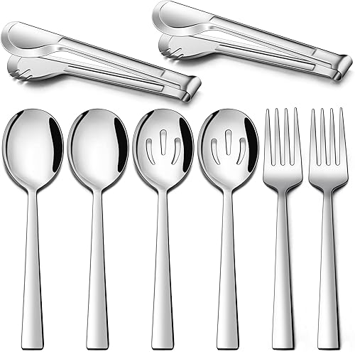 Miniatura 1 de LIANYU Utensilios de servir, juego de 8 cucharas de acero inoxidable, incluye 2 cucharas de servir, 2 cucharas ranuradas, 2 tenedores para servir, 2