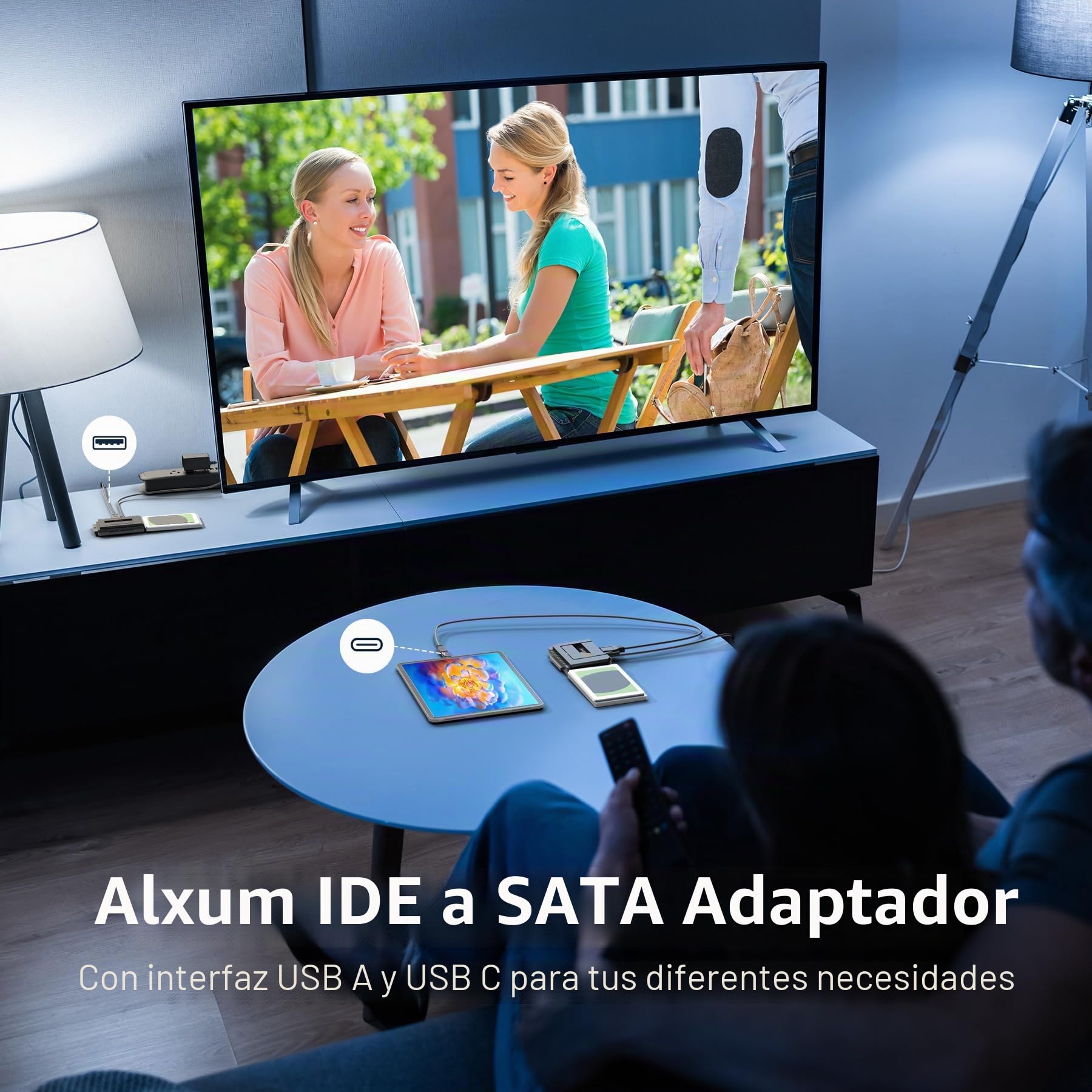 Alxum IDE a SATA Cable Adaptador, USB Lector Disco Duro Externo para 2,5 / 3,5 Pulgadas IDE HDD y SATA III HDD/SSD, con Cable USB C con Adaptador USB A y 12V/2A Fuente de alimentación