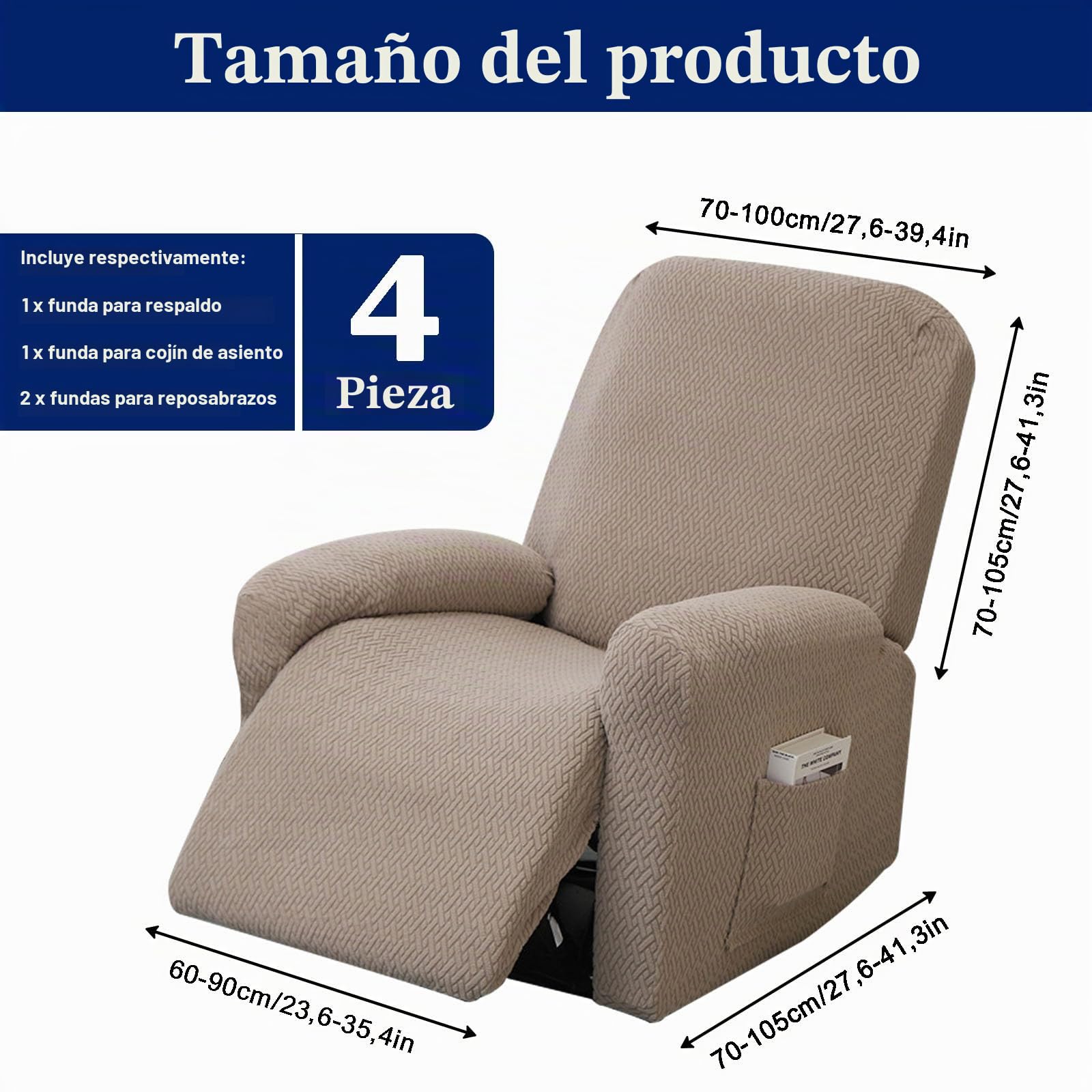 Funda de Sillón Relax, 4 Piezas Funda para Sofá Reclinable con Bolsillos Laterales Extraíble, Funda Elástica de Felpa para Sofá Individual, para Tumbonas, Sofás de un Solo Asiento(Gris Pardo)