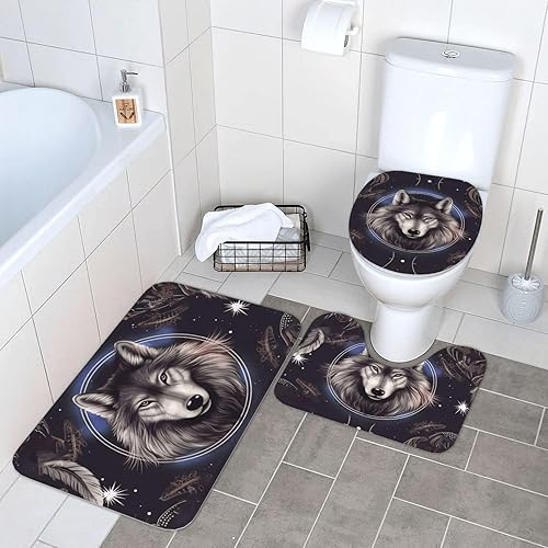 Juego de alfombras de baño de 3 piezas para baño, lobos y atrapasueños, alfombras de baño antideslizantes para baño, alfombra de baño de felpa