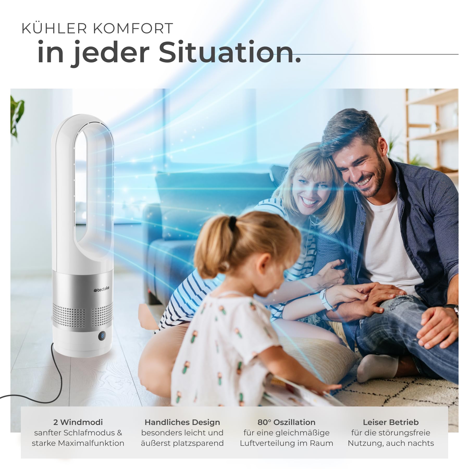 tectake® rotorloser Ventilator mit Fernbedienung, Turmventilator, cooling ace Lüfter, Luftkühler, mobiles Klimagerät, Standventilator sehr leise für Schlafzimmer geeignet, Tower Fan, Air Cooler - weiß