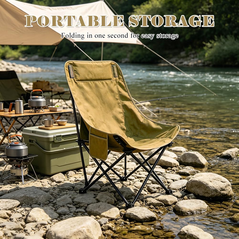 Silla de camping plegable con respaldo alto, 150 kg, silla plegable ligera con bolsillos laterales, respaldo portátil, silla de camping, silla de pesca, silla plegable para exteriores, senderismo