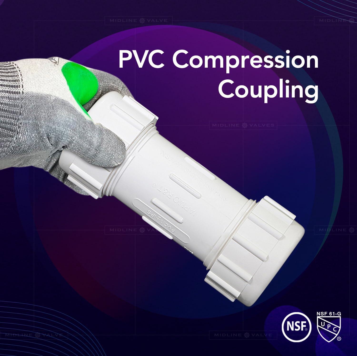 Midline Valve Acoplamiento de tubería de compresión de PVC 1/2 '' plástico blanco (582DD012)
