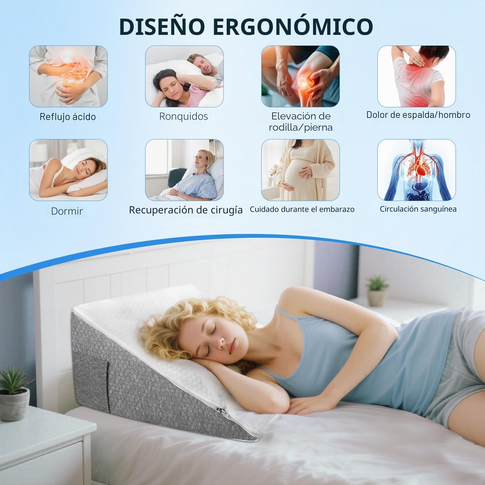 Almohada de Lectura, Cuña Antireflujo, Cojin Lectura Cama Algodón de Memoria, Almohada Reflujo Adulto, Soporte Ergonómico para Cama y Sofá, 55 x 55 x 25 cm