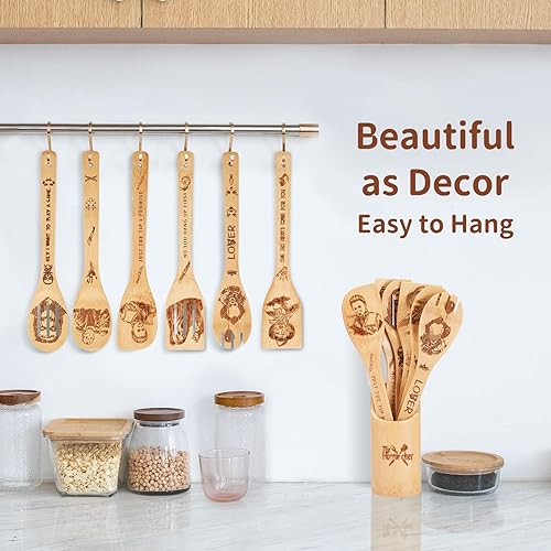 Miniatura 6 de Comercio de películas de terror - Accesorios de decoración de cocina de Halloween, cucharas de madera para cocinar, 7 piezas de utensilios de bambú