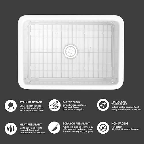 Miniatura 2 de Miuara Fregadero de cocina blanco de 26 x 19 pulgadas, fregadero de cocina empotrado, fregadero de cocina de arcilla refractaria, fregadero de