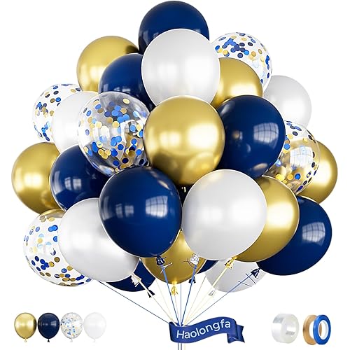 Navy Blue and Gold Confetti Balloons,12 Inch 60pcs Pearl White and Metallic Gold Latex Balloons for Graduation,Birthday,Baby Shower,Anniversary,Wedding,Celebration,Party Decoration