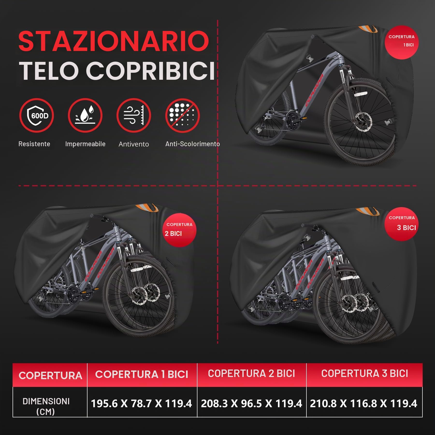 Zettum Telo protettivo per 3 biciclette, fisse e all'aperto, resistente, impermeabile, rivestimento in poliuretano 600D