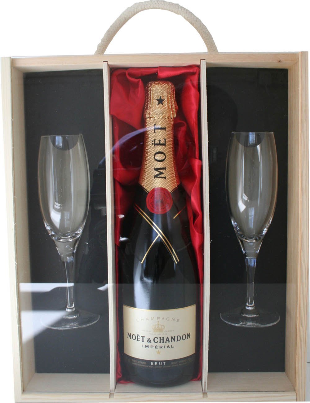 Moet and Chandon Champagne With 2 Sensation Flutes in Wooden Box 75 cl