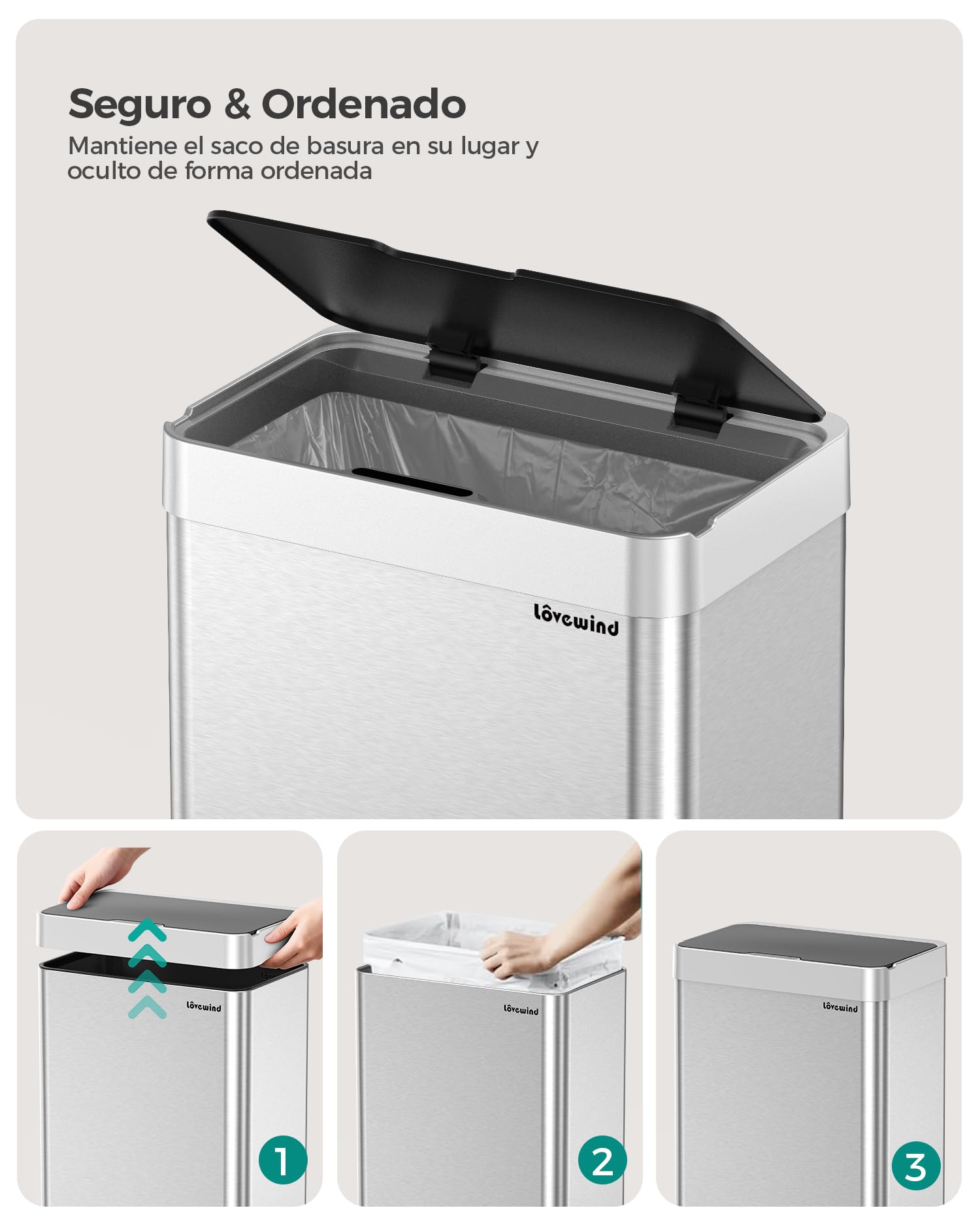 lovewind Cubo de Basura Cocina con Sensor 55L, Cubo Basura Automático Recargable con Puerto USB-C, Cubo de Basura Inteligente de Acero Inoxidable con Tapa, para Cocina y Oficina, Plata