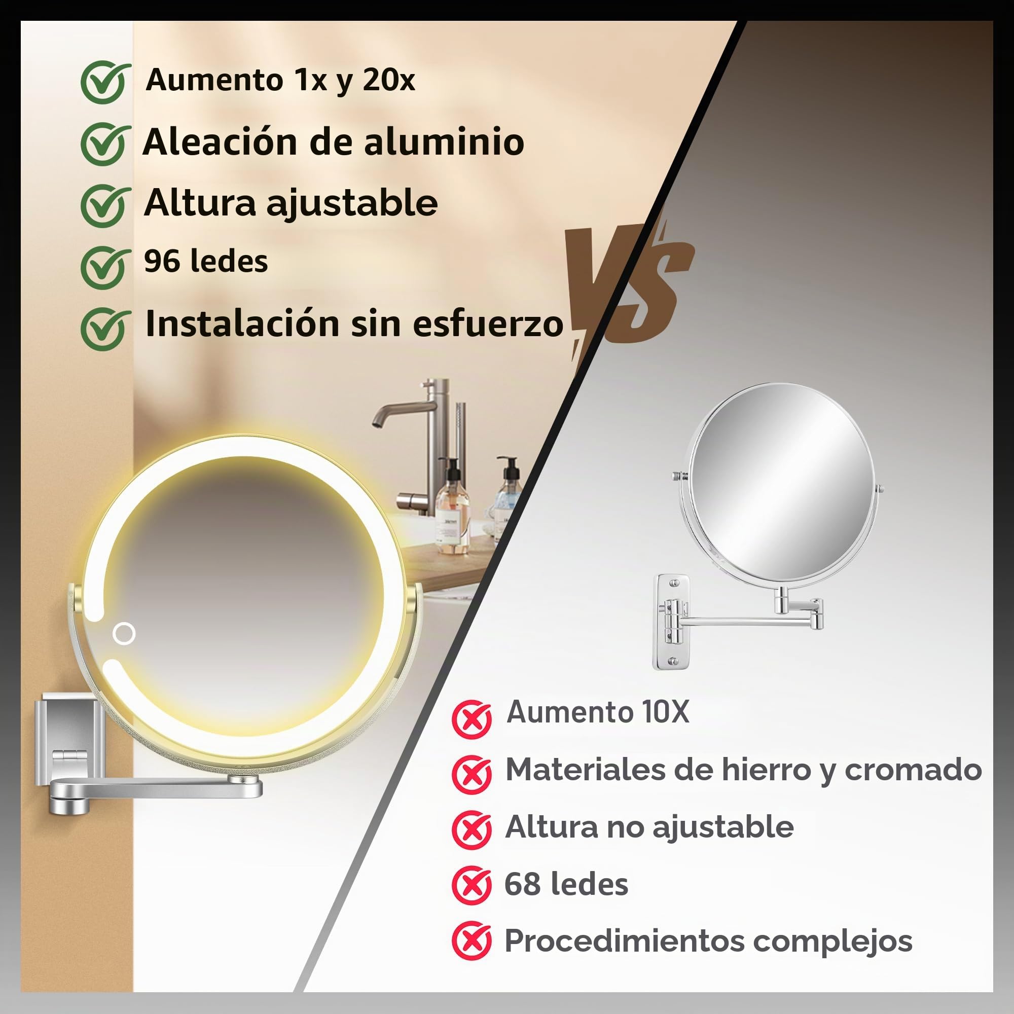 MOMOKUBA Espejo de maquillaje montado en la pared, espejo de aumento de aleación de aluminio con luz 20X/1X de doble cara, altura ajustable, espejo de tocador LED de 3 colores con luces, resistente a