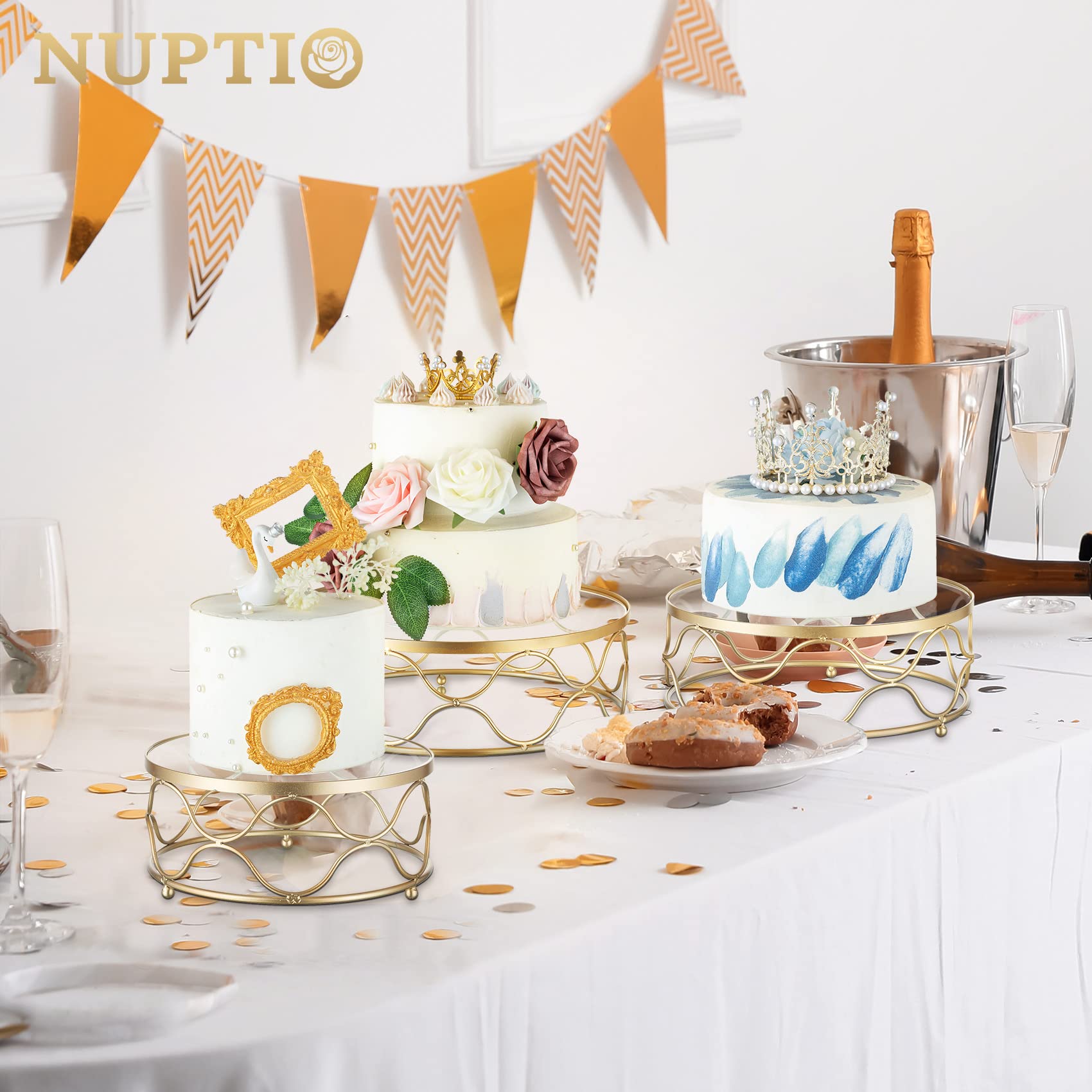 Nuptio Soporte de Torta de Oro Conjunto: 3 Piezas Redondas Cupcake Stands Boda Metal Postre Pantalla Tarde Té Taza Pasteles Bandeja para Bodas Fiesta Cumpleaños Navidad Cena Decoraciones de Mesa