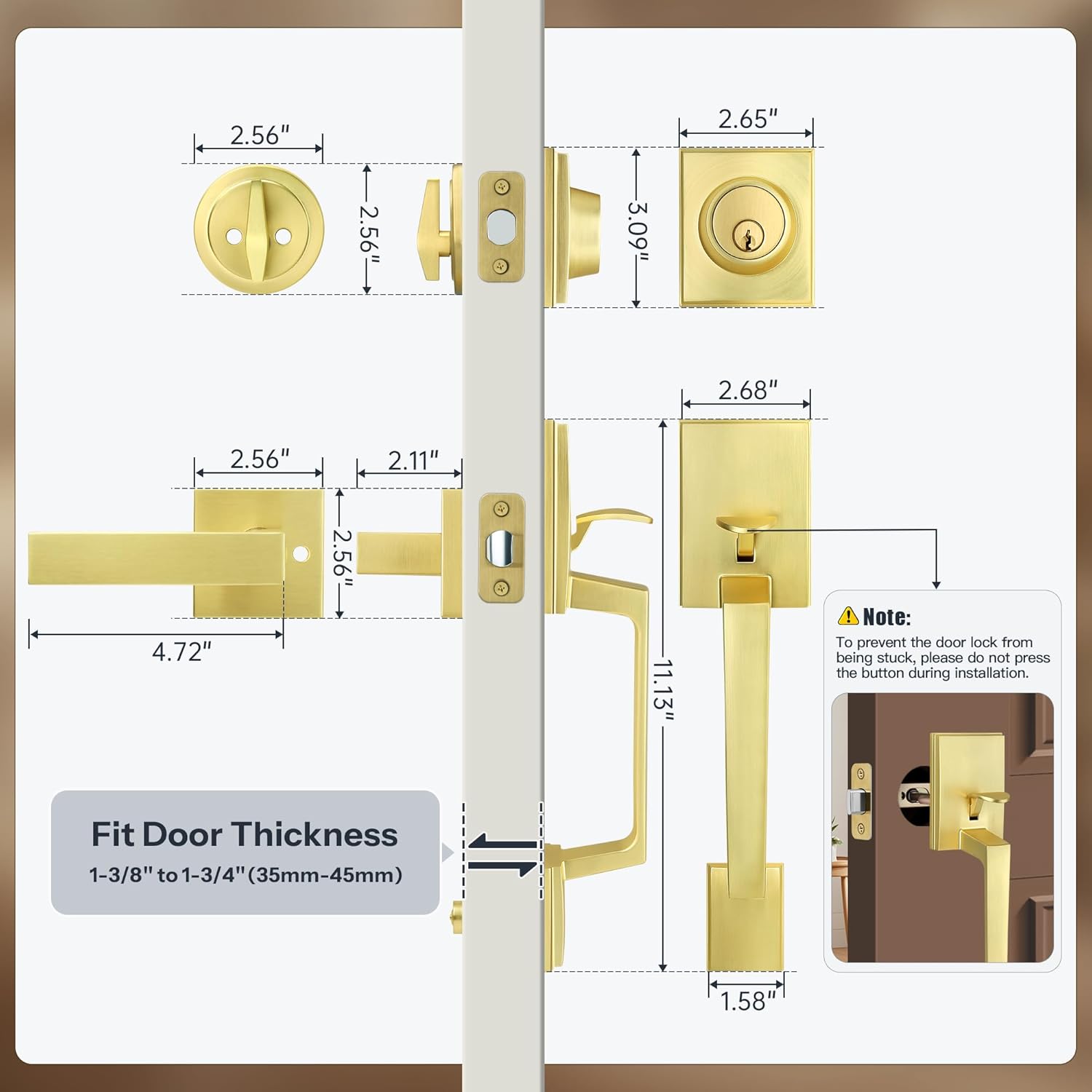 Brushed Gold Front Door Handle Set with Reversible Lever, Heavy-Duty Exterior Door Lock Set with Single Cylinder Deadbolt, Satin Brass Finish