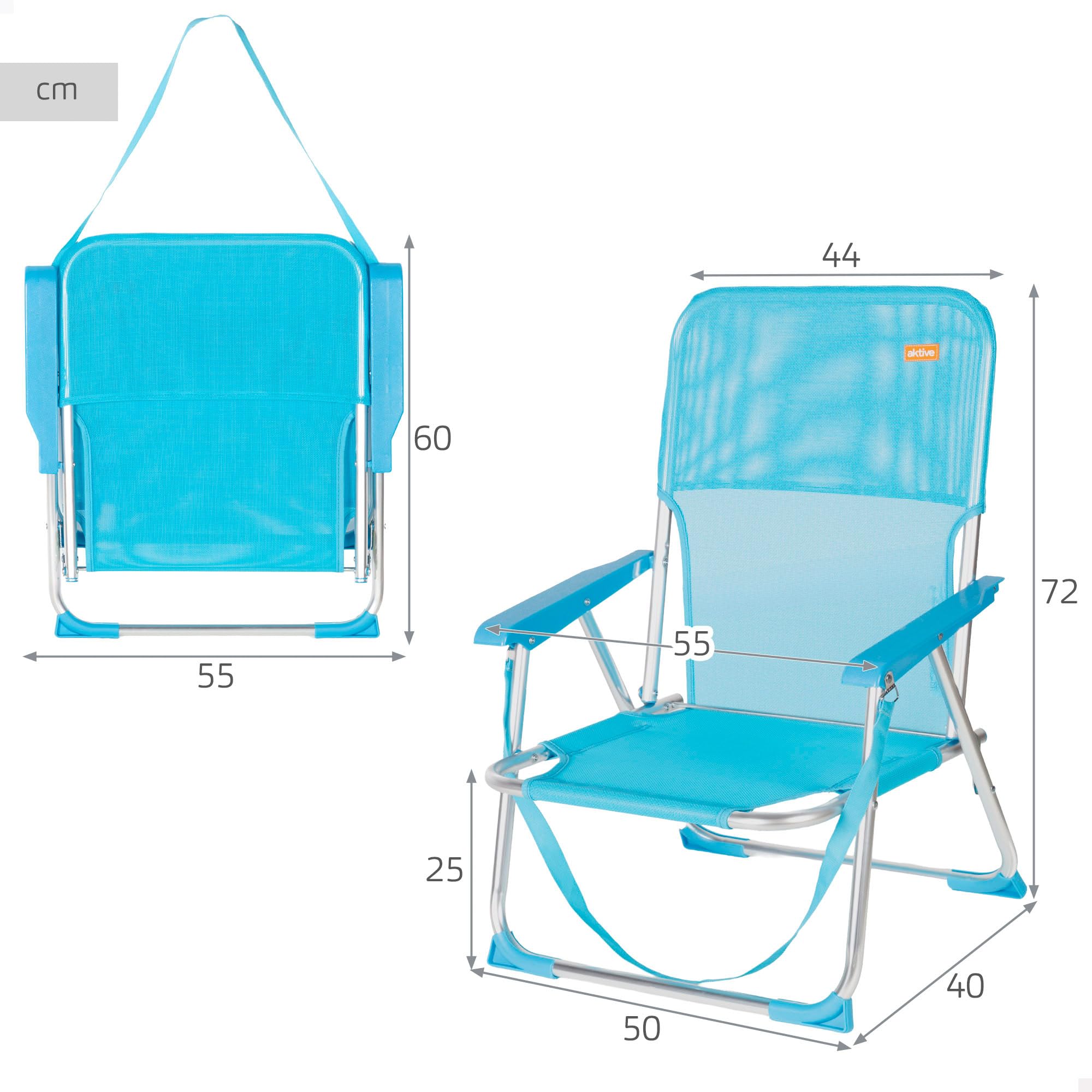 AKTIVE Pack 2 Sillas de Playa Plegables 44x40x72 cm, Estructura de Aluminio, Textileno Transpirable, hasta 110 kg, Plegables con asa, Azul (85526)