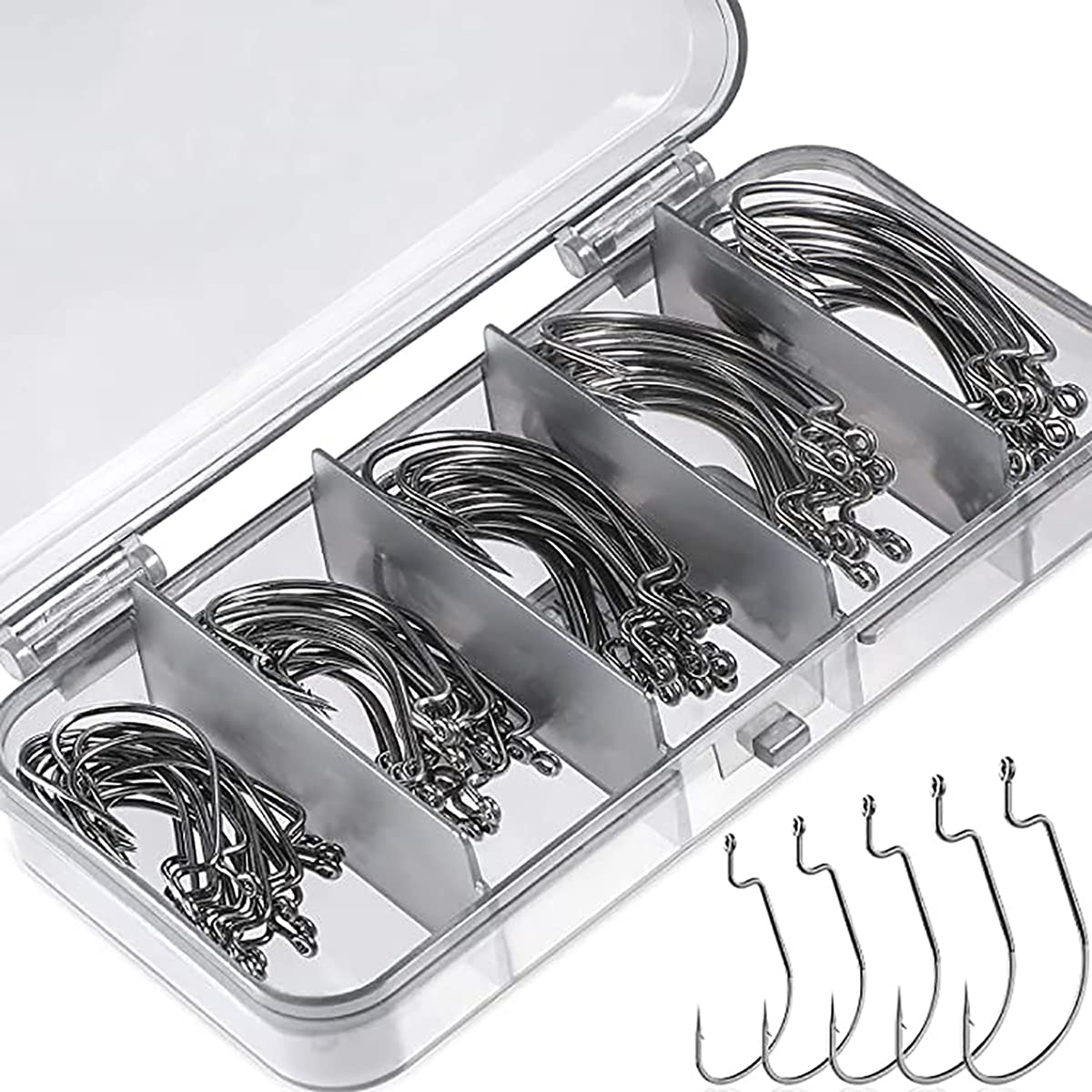 KASTWAVE 100 Pcs Fishing Hooks, High Carbon Steel Offset Worm Hooks with Plastic Box, Strong Sharp Soft Bait Jig Fish Hooks with Barbs for Bass Freshwater Saltwater