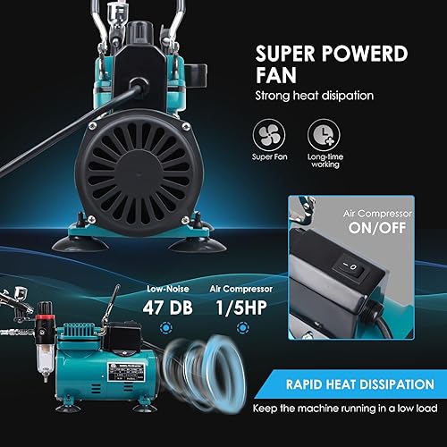 Miniatura 6 de Sistema profesional de pintura de aerografía con compresor de aire y 1 kit de aerógrafo para decoración de tatuajes, zapatos de maquillaje, tartas