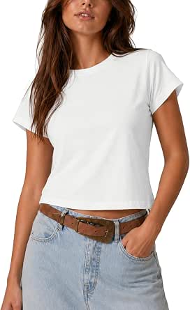 Women's Baby Tee, Cotton Stretch Cropped T-Shirts, Crewneck Basic Crop Tees, Casual Short Sleeve Tops for Women